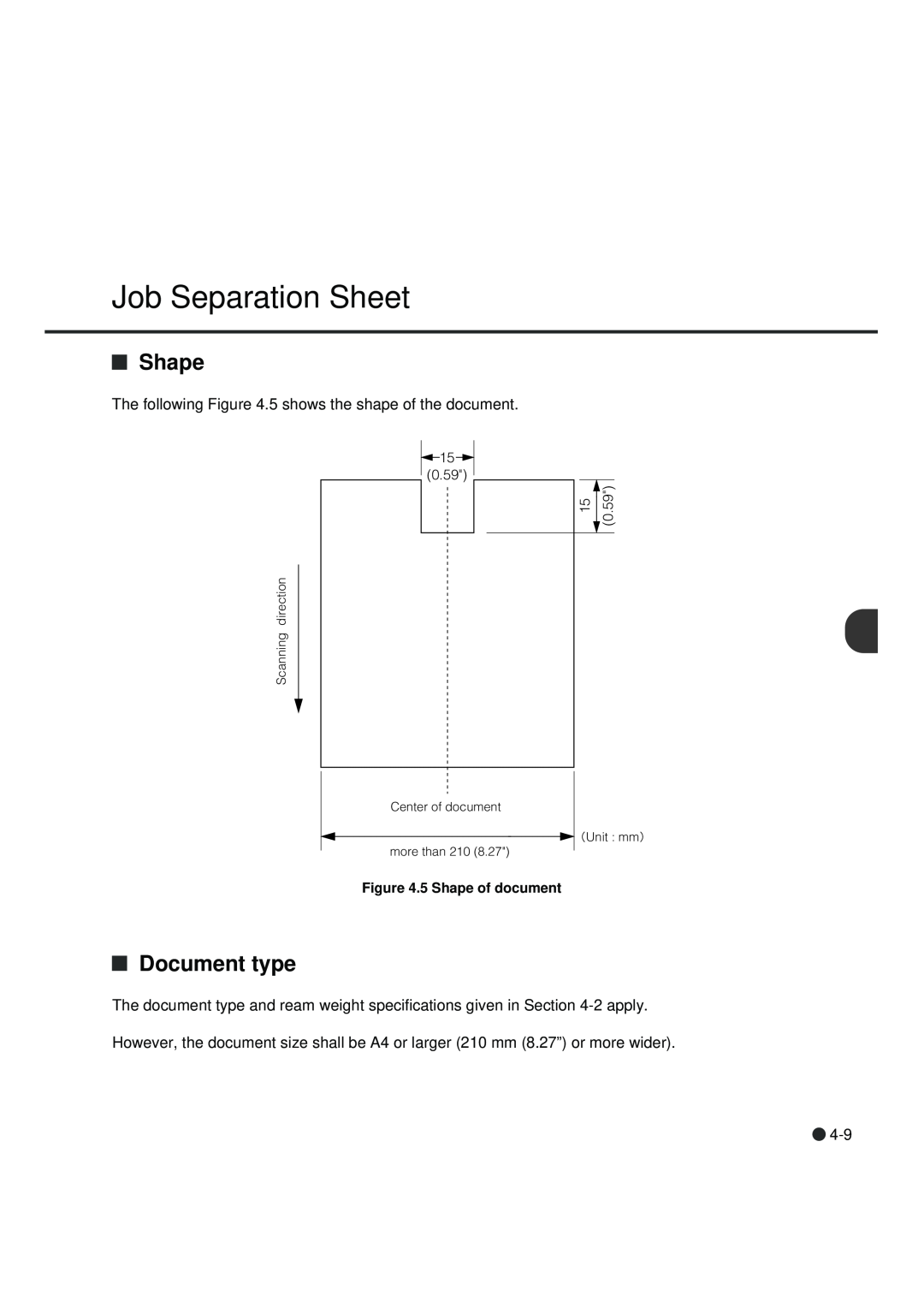 Fujitsu fi-4990C manual Job Separation Sheet, Document type, 5 Shape of document, Scanning direction 