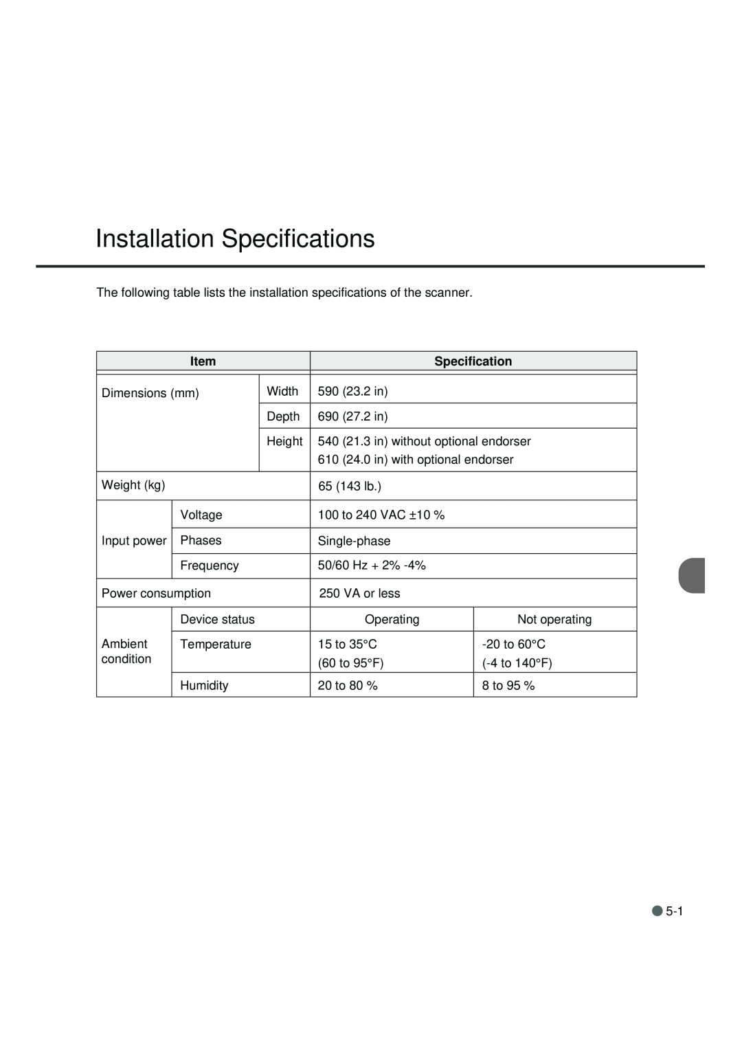 Fujitsu fi-4990C manual Installation Specifications 