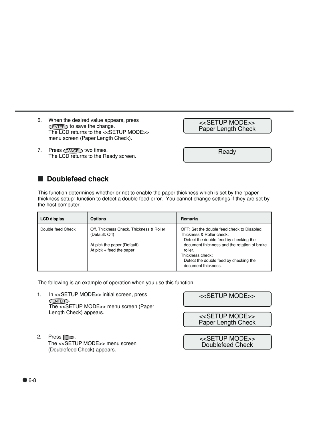 Fujitsu fi-4990C manual Doublefeed check, SETUP MODE Paper Length Check Ready, SETUP MODE SETUP MODE Paper Length Check 