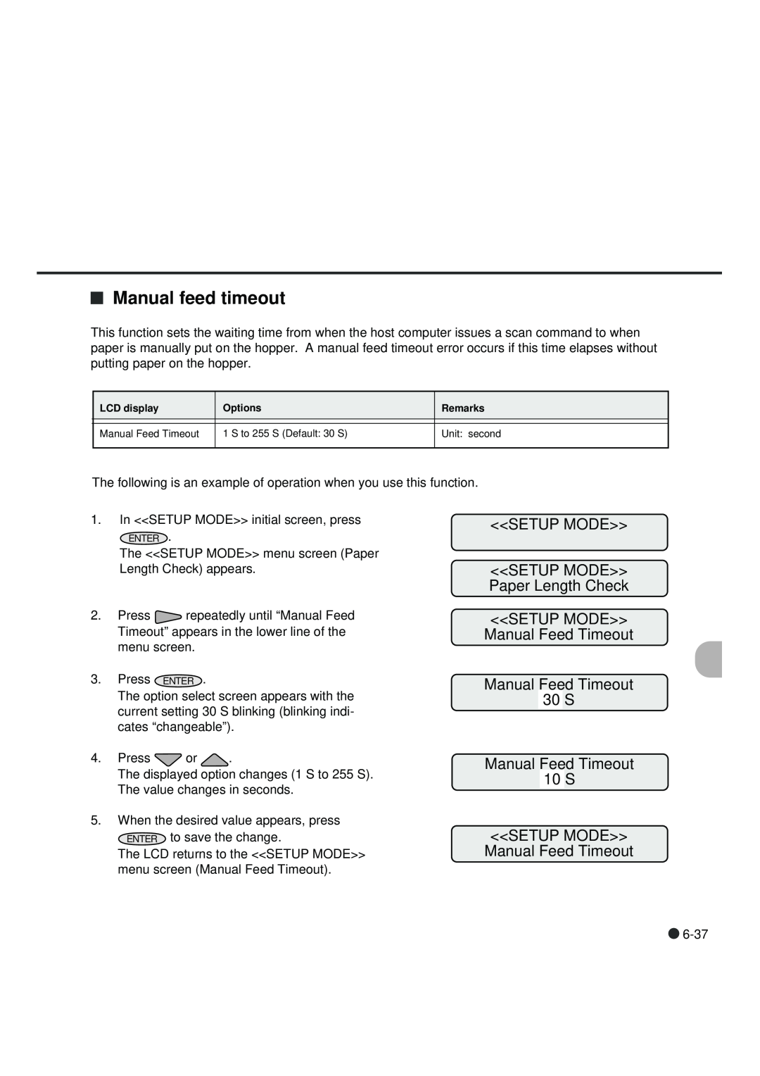 Fujitsu fi-4990C Manual feed timeout, SETUP MODE Manual Feed Timeout Manual Feed Timeout 30 S, S to 255 S Default 30 S 