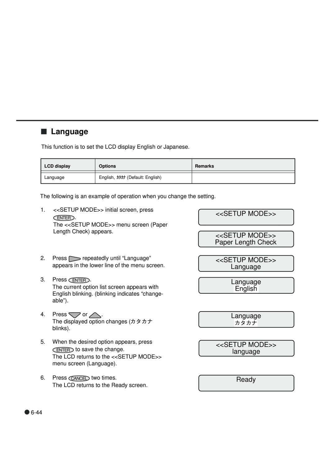 Fujitsu fi-4990C manual SETUP MODE Language Language English Language SETUP MODE language, Ready 