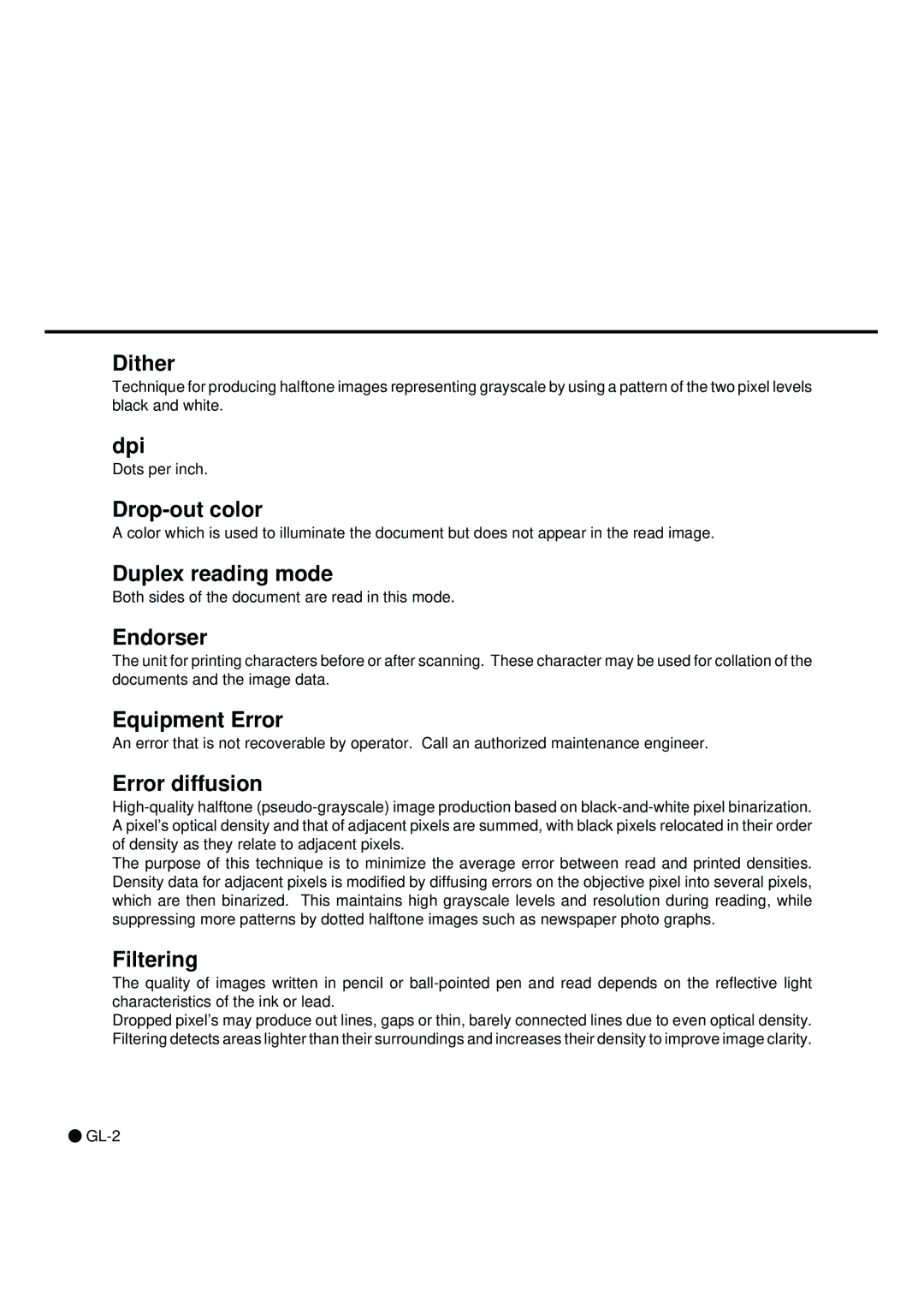 Fujitsu fi-4990C manual Dither, Dpi, Duplex reading mode, Endorser, Equipment Error, Error diffusion, Filtering 