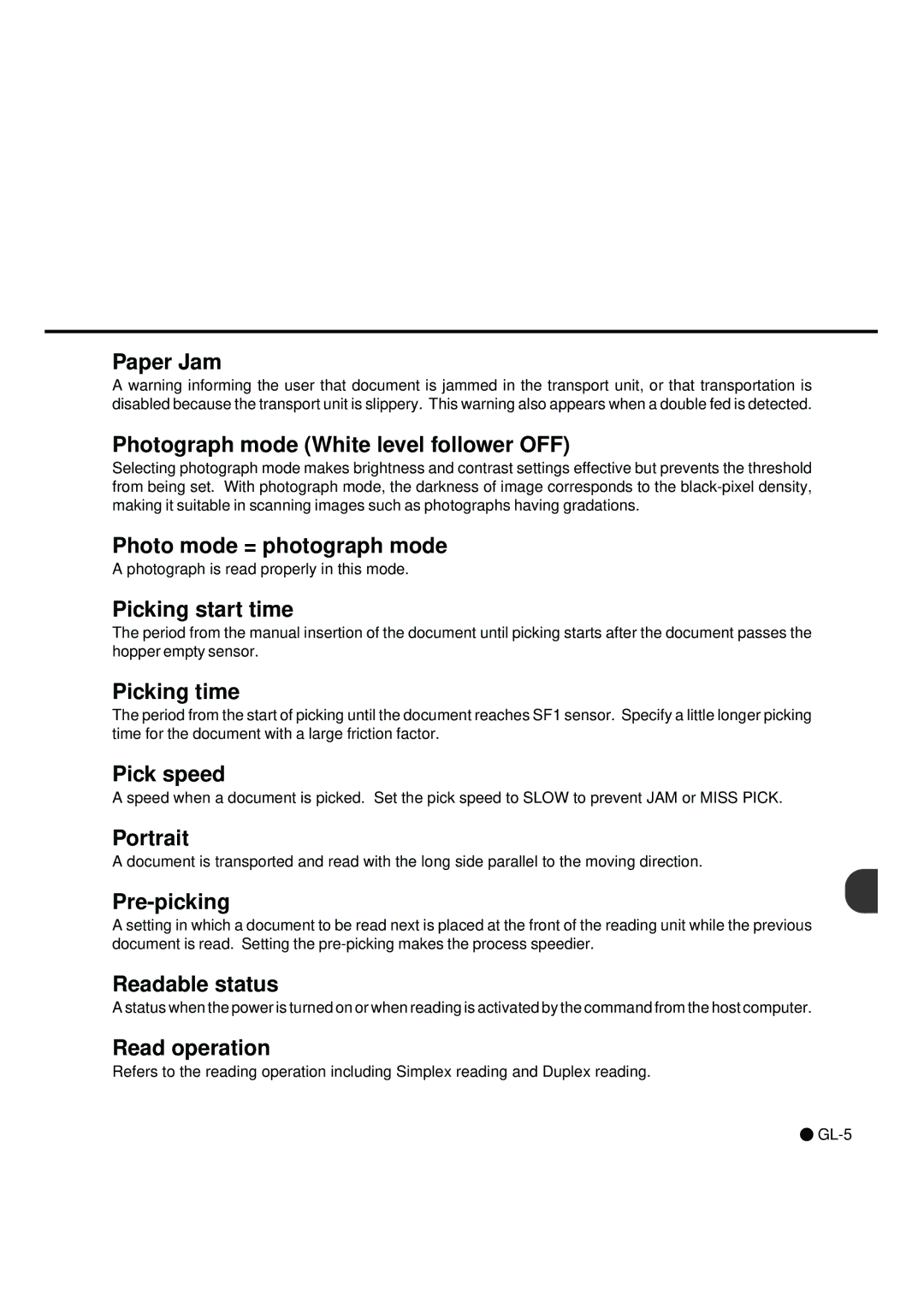 Fujitsu fi-4990C Paper Jam Photograph mode White level follower OFF, Photo mode = photograph mode, Picking start time 