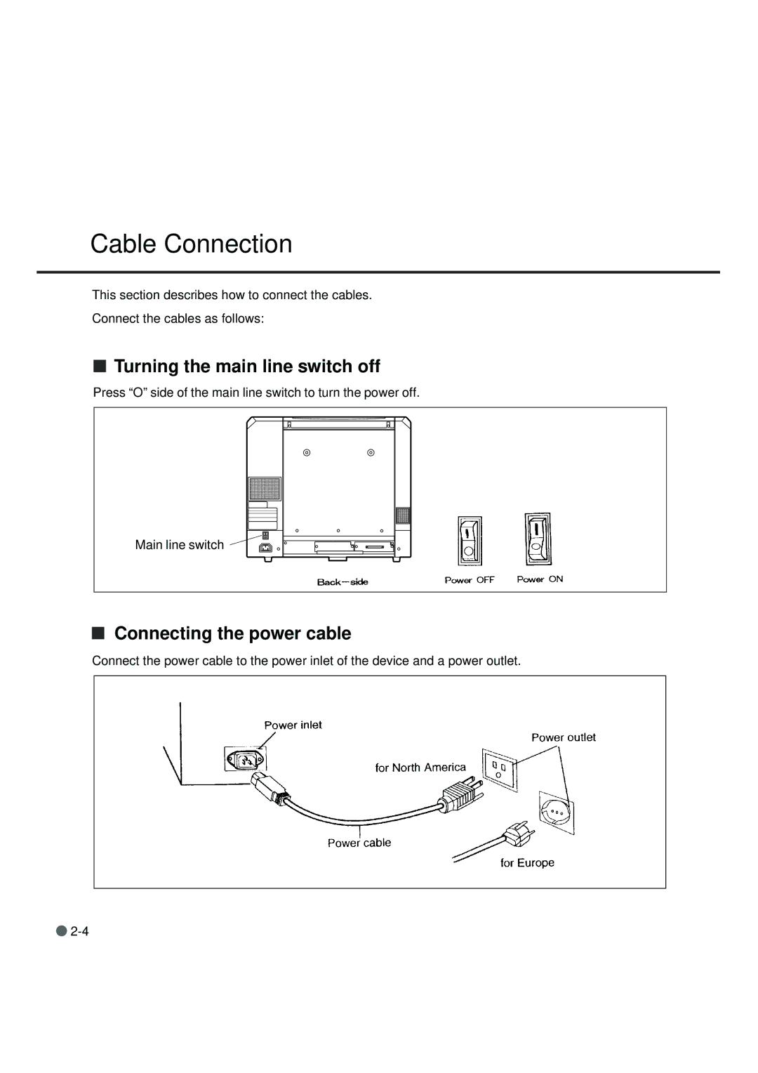 Fujitsu fi-4990C manual Cable Connection, Turning the main line switch off, Connecting the power cable 