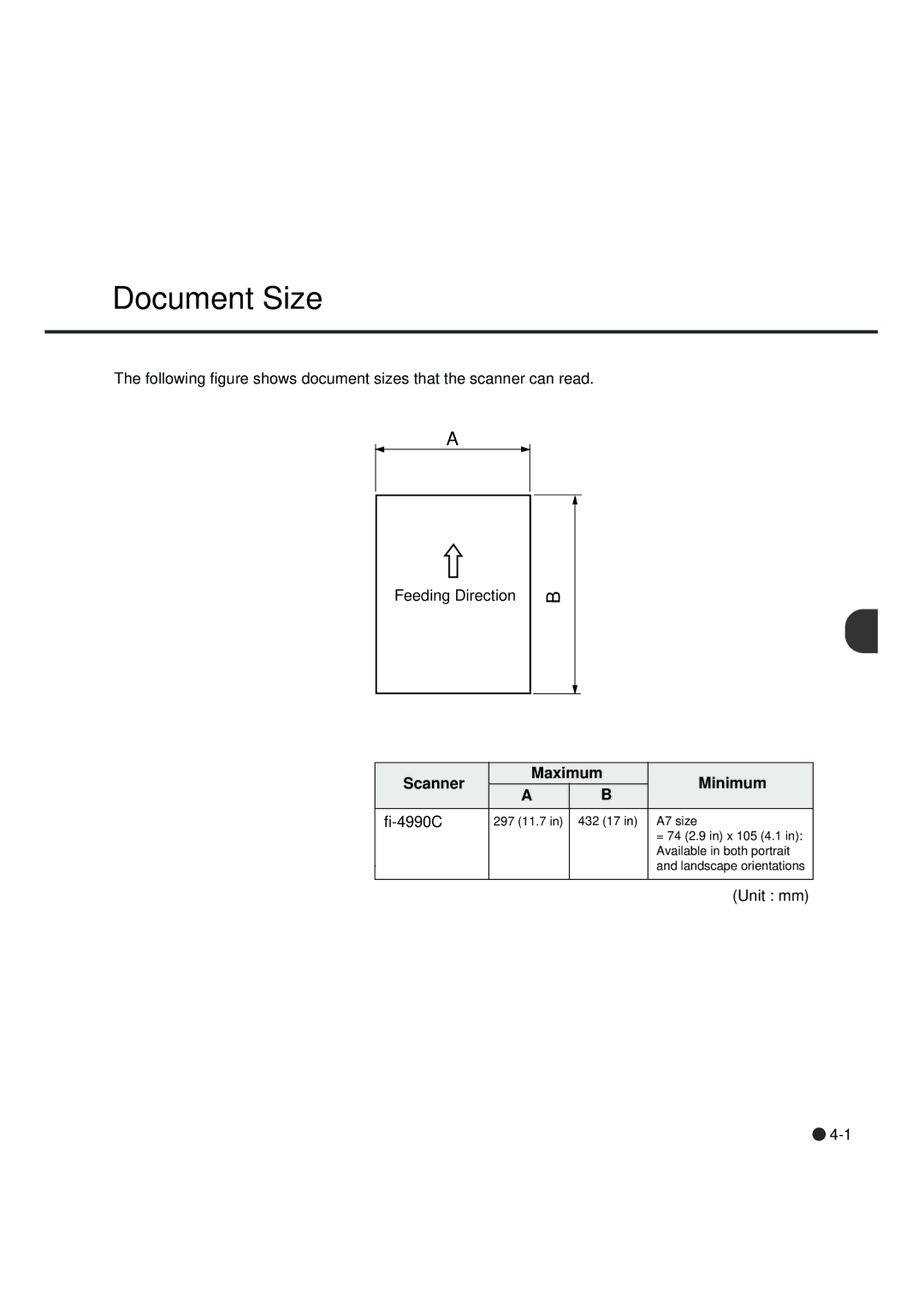 Fujitsu fi-4990C manual Document Size, Scanner Maximum Minimum Fi-4990C 