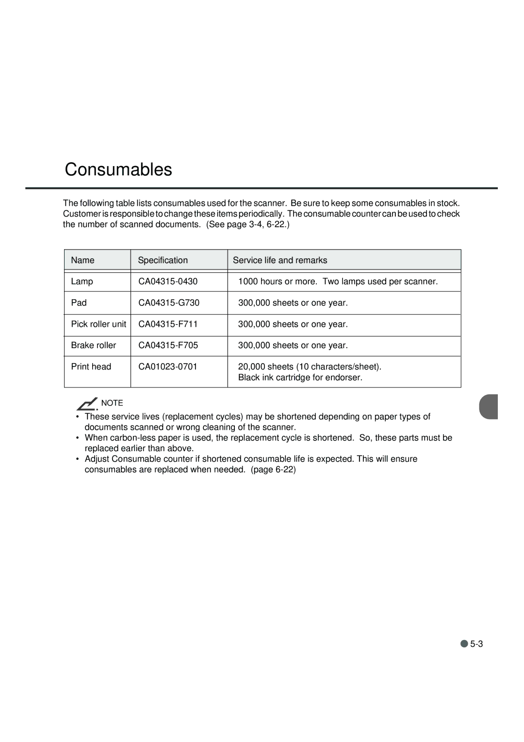 Fujitsu fi-4990C manual Consumables, Name Specification Service life and remarks 