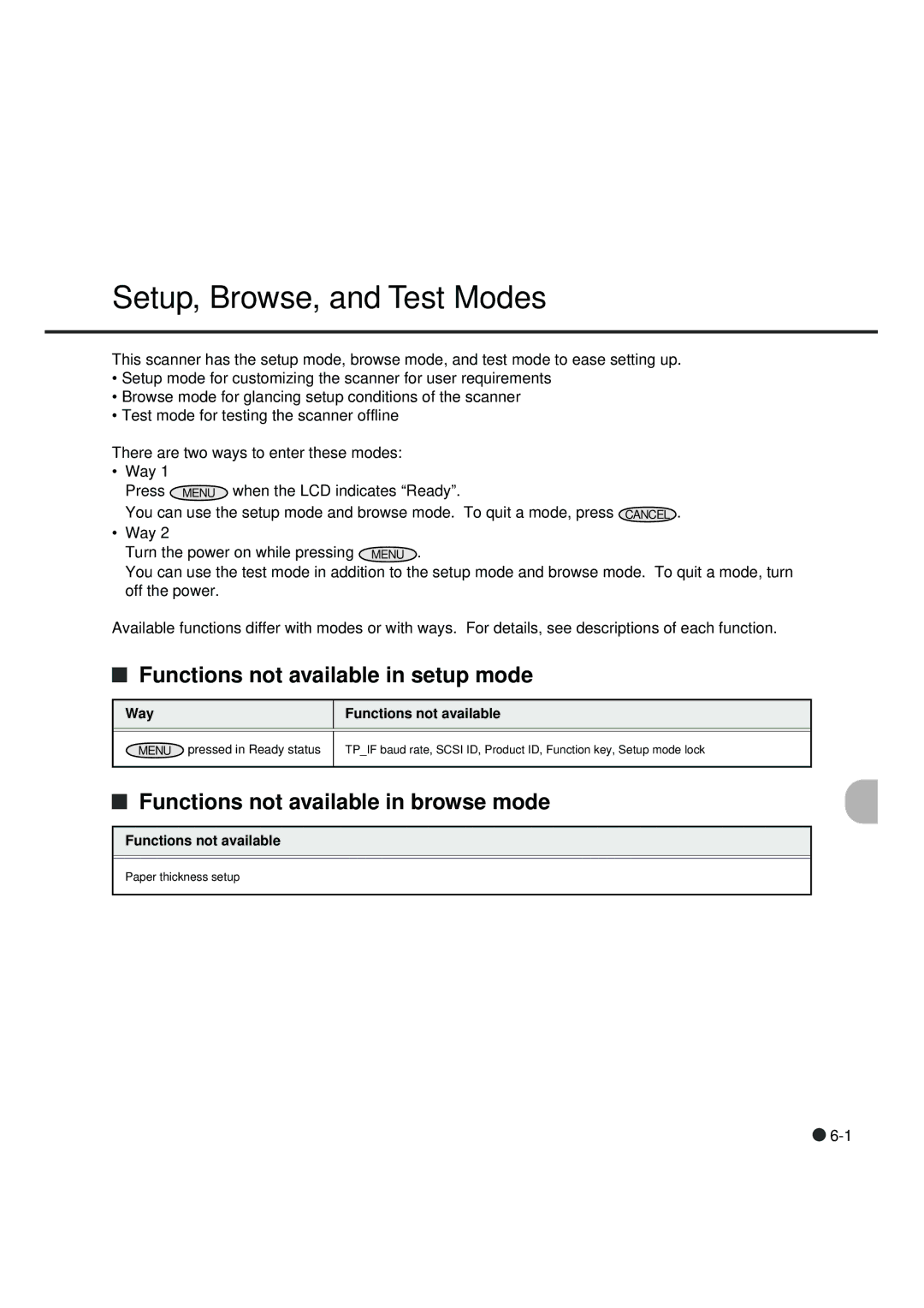 Fujitsu fi-4990C manual Setup, Browse, and Test Modes, Functions not available in setup mode 