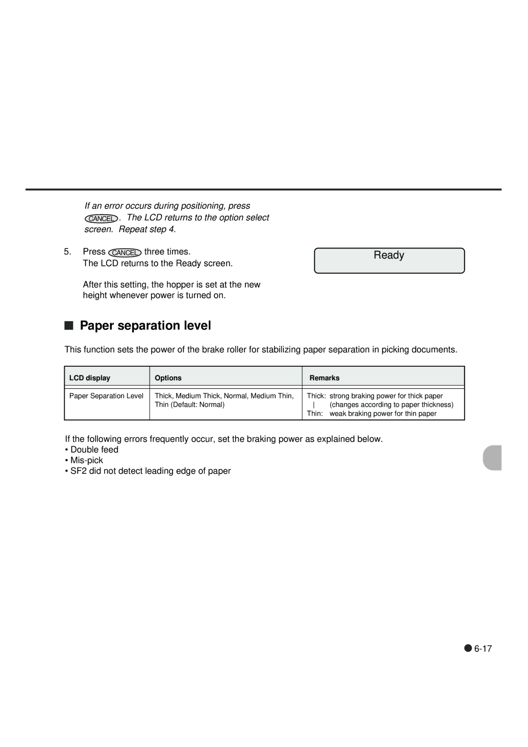 Fujitsu fi-4990C manual Paper separation level, Ready 