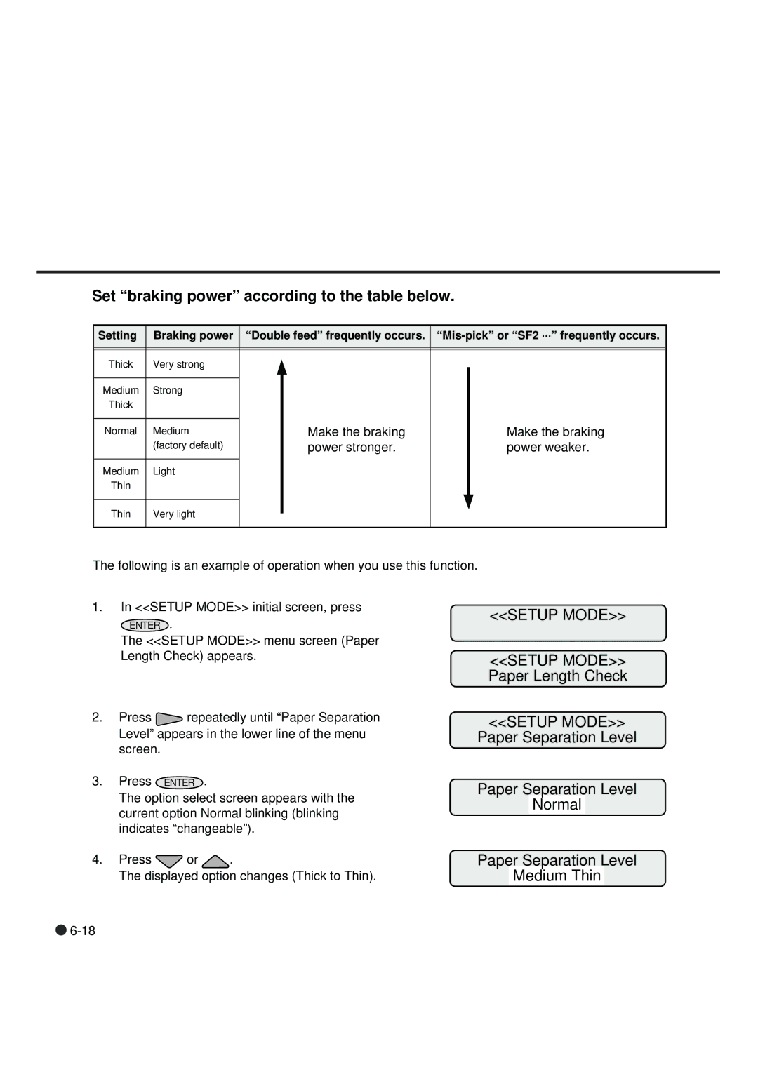 Fujitsu fi-4990C manual Set braking power according to the table below, Paper Separation Level Normal Medium Thin 