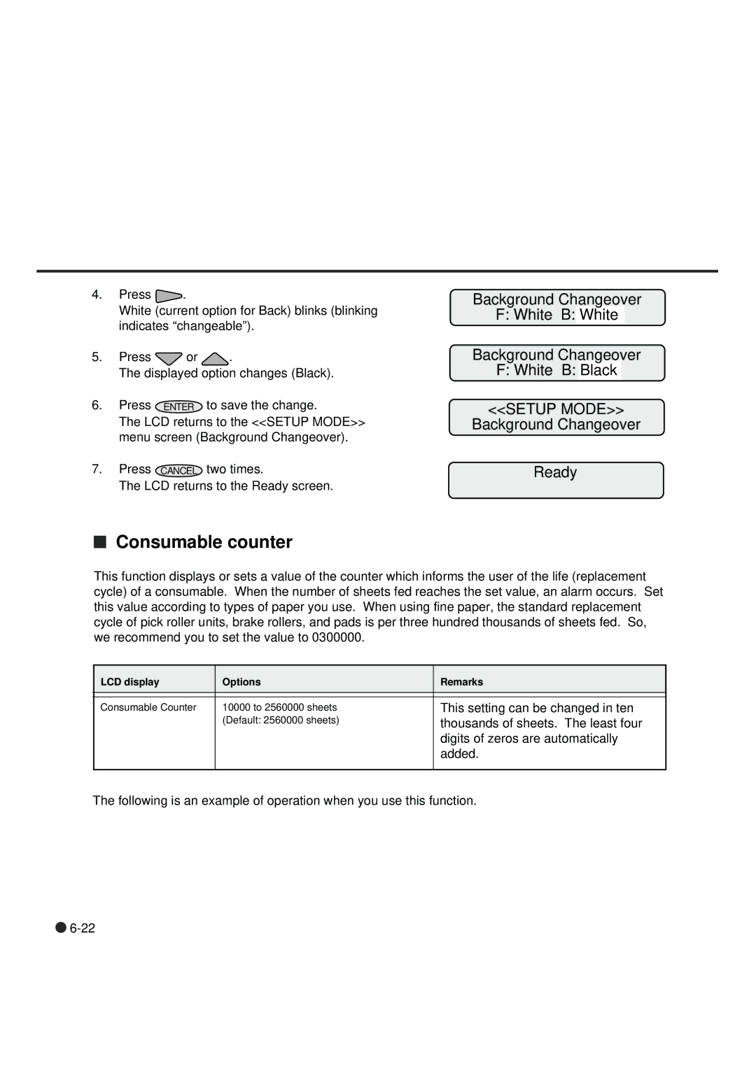 Fujitsu fi-4990C manual Consumable counter, Background Changeover White B White White B Black, Background Changeover Ready 