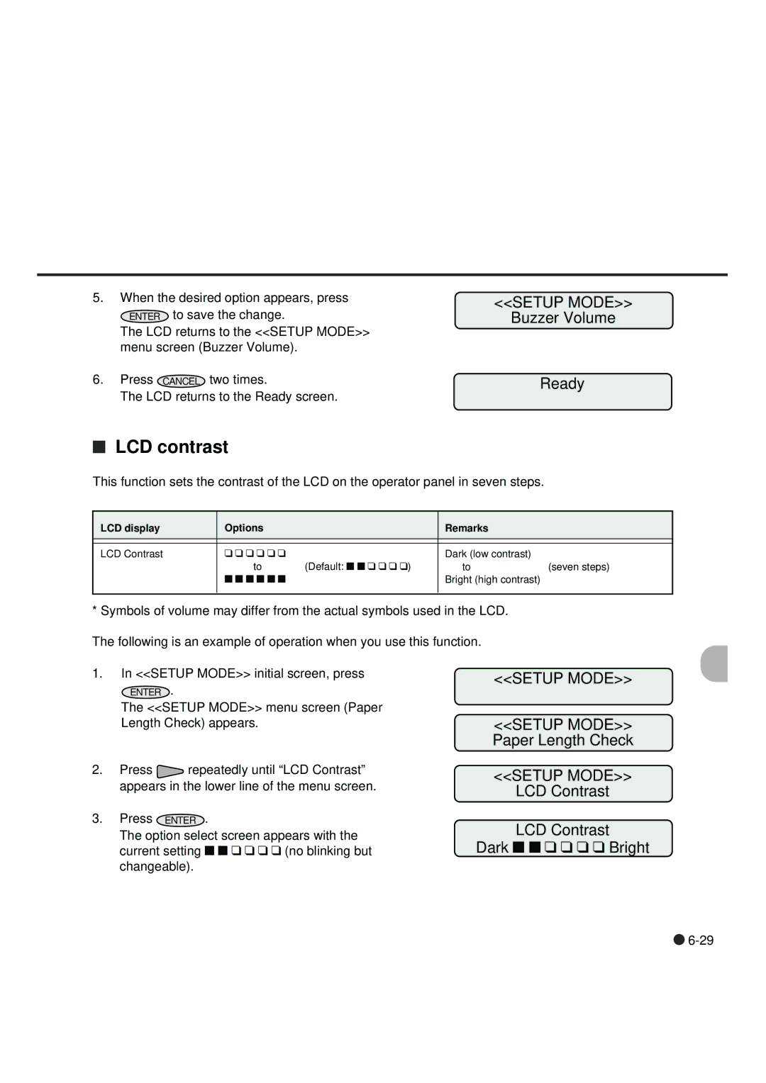 Fujitsu fi-4990C manual LCD contrast, Buzzer Volume Ready, LCD Contrast Dark n n q q q q Bright 