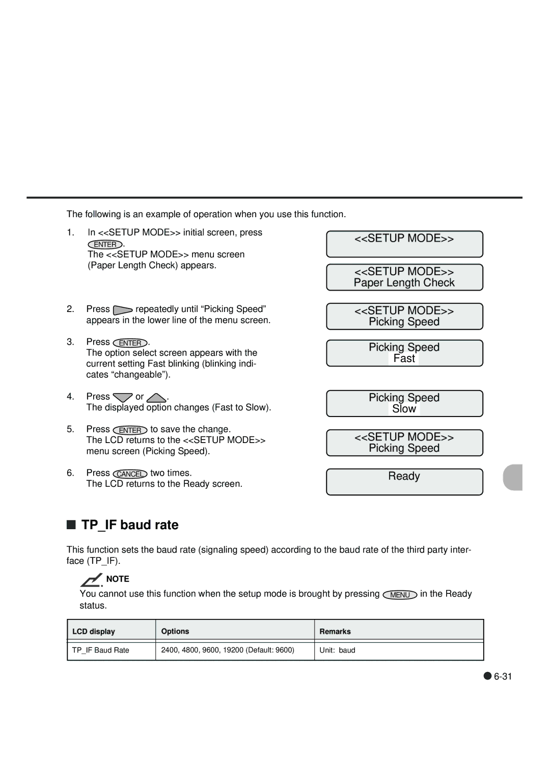 Fujitsu fi-4990C manual Tpif baud rate, Picking Speed Fast Slow, Picking Speed Ready 