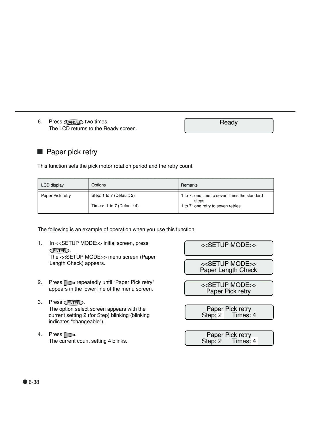 Fujitsu fi-4990C manual Paper pick retry, Paper Pick retry Step Times 