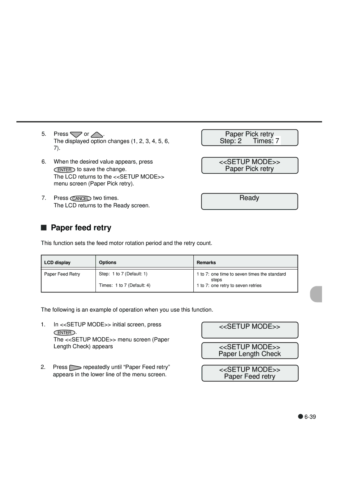 Fujitsu fi-4990C manual Paper feed retry, Paper Pick retry Times, Paper Pick retry Ready, Paper Feed retry 