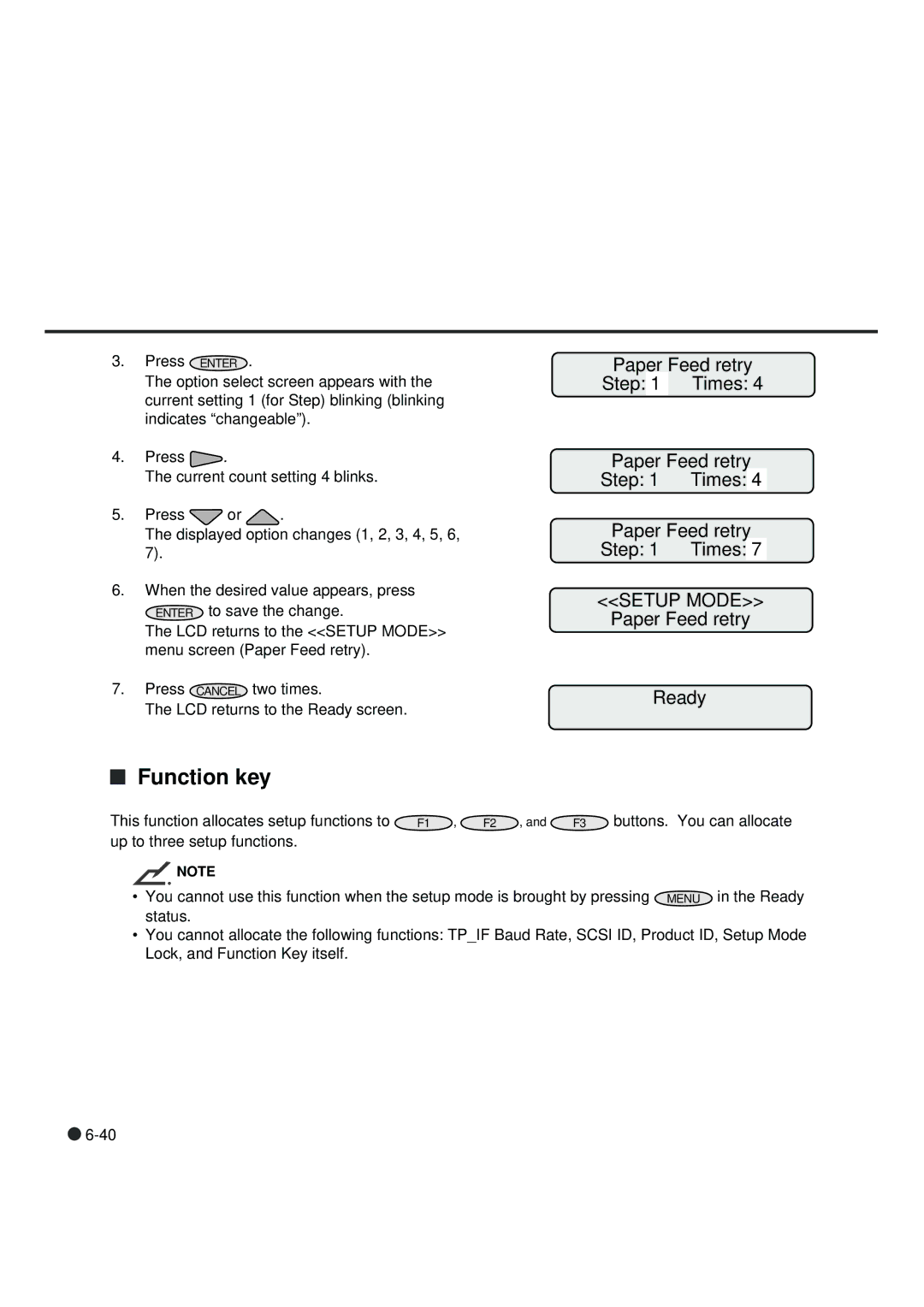 Fujitsu fi-4990C manual Function key, Paper Feed retry Times Step 