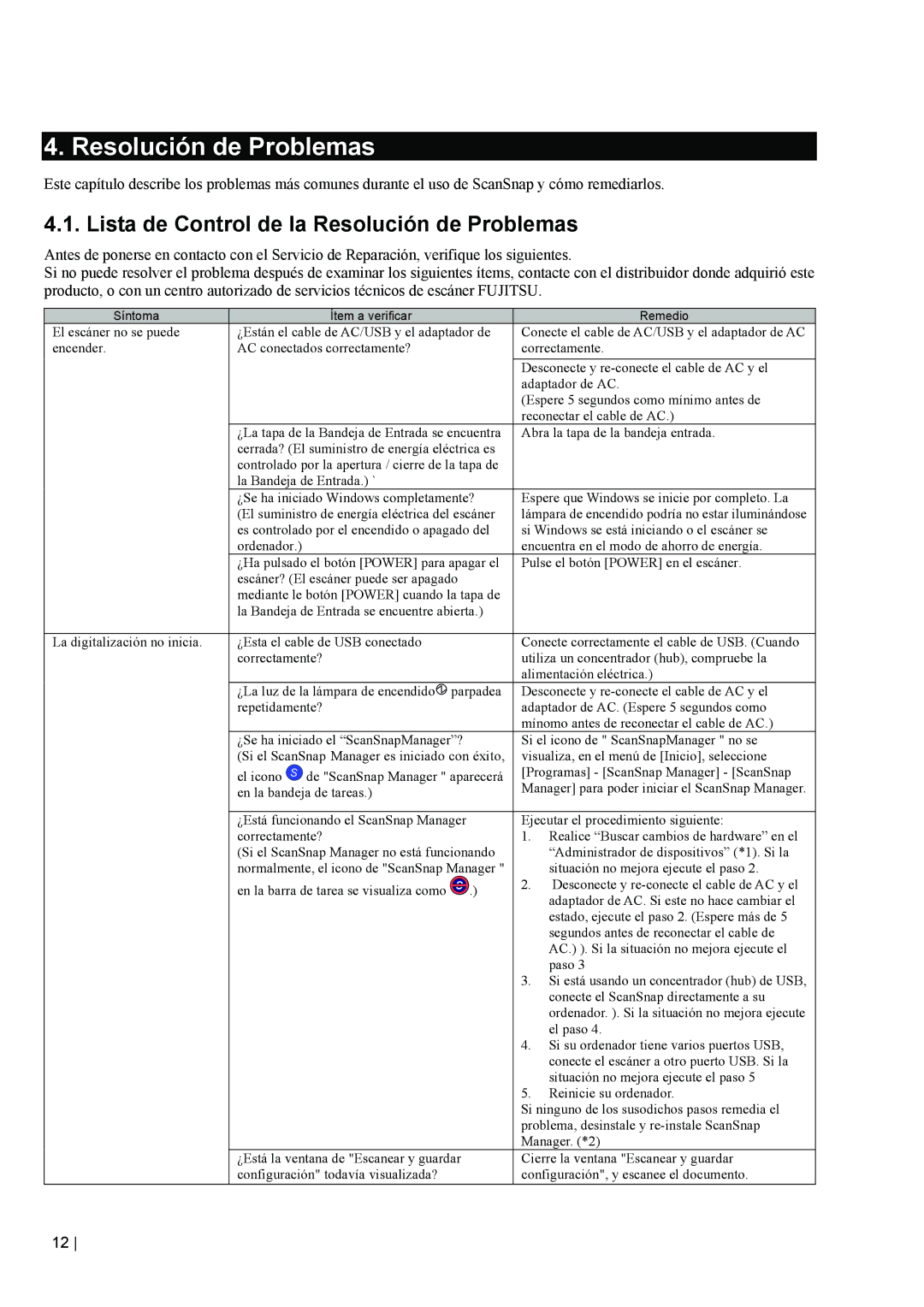 Fujitsu fi-5110EOX2 manual Lista de Control de la Resolución de Problemas, Síntoma Ítem a verificar Remedio 