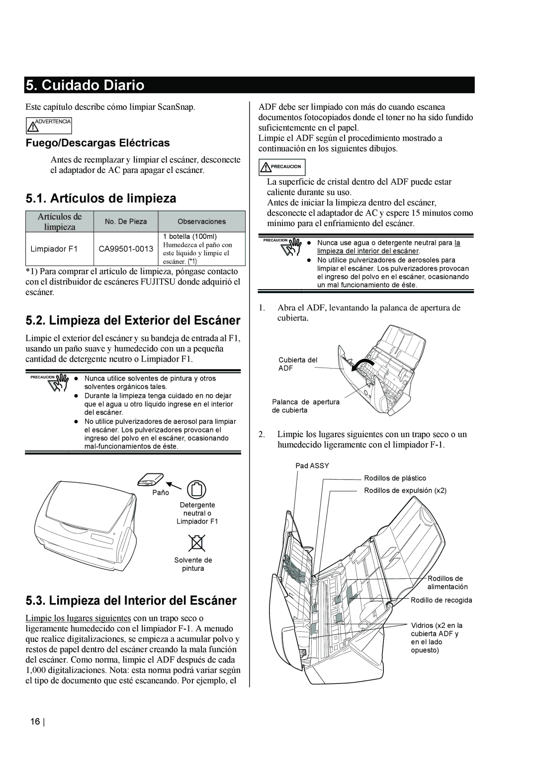 Fujitsu fi-5110EOX2 Cuidado Diario, Artículos de limpieza, Limpieza del Interior del Escáner, Fuego/Descargas Eléctricas 