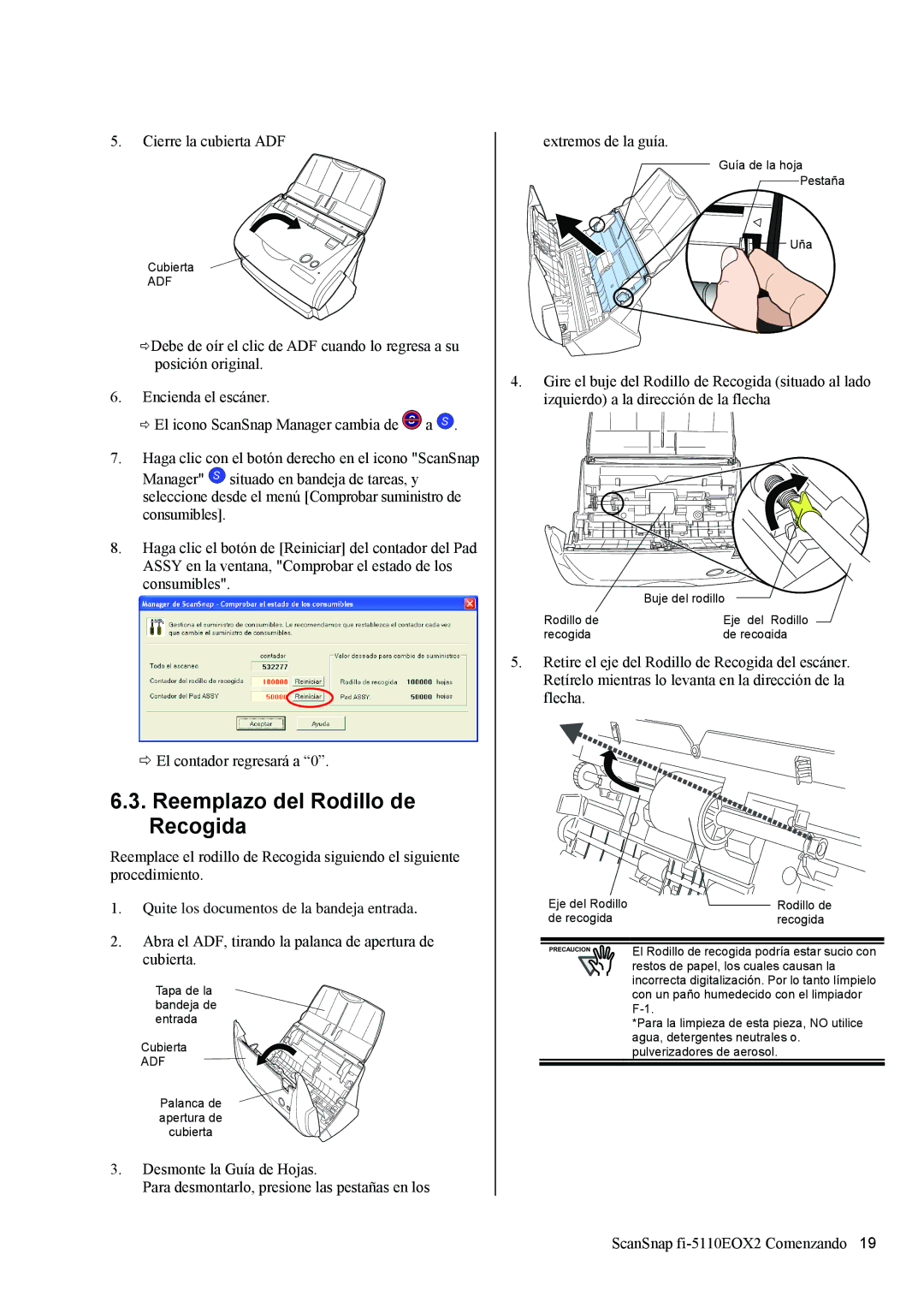 Fujitsu fi-5110EOX2 manual Reemplazo del Rodillo de Recogida, Cierre la cubierta ADF 