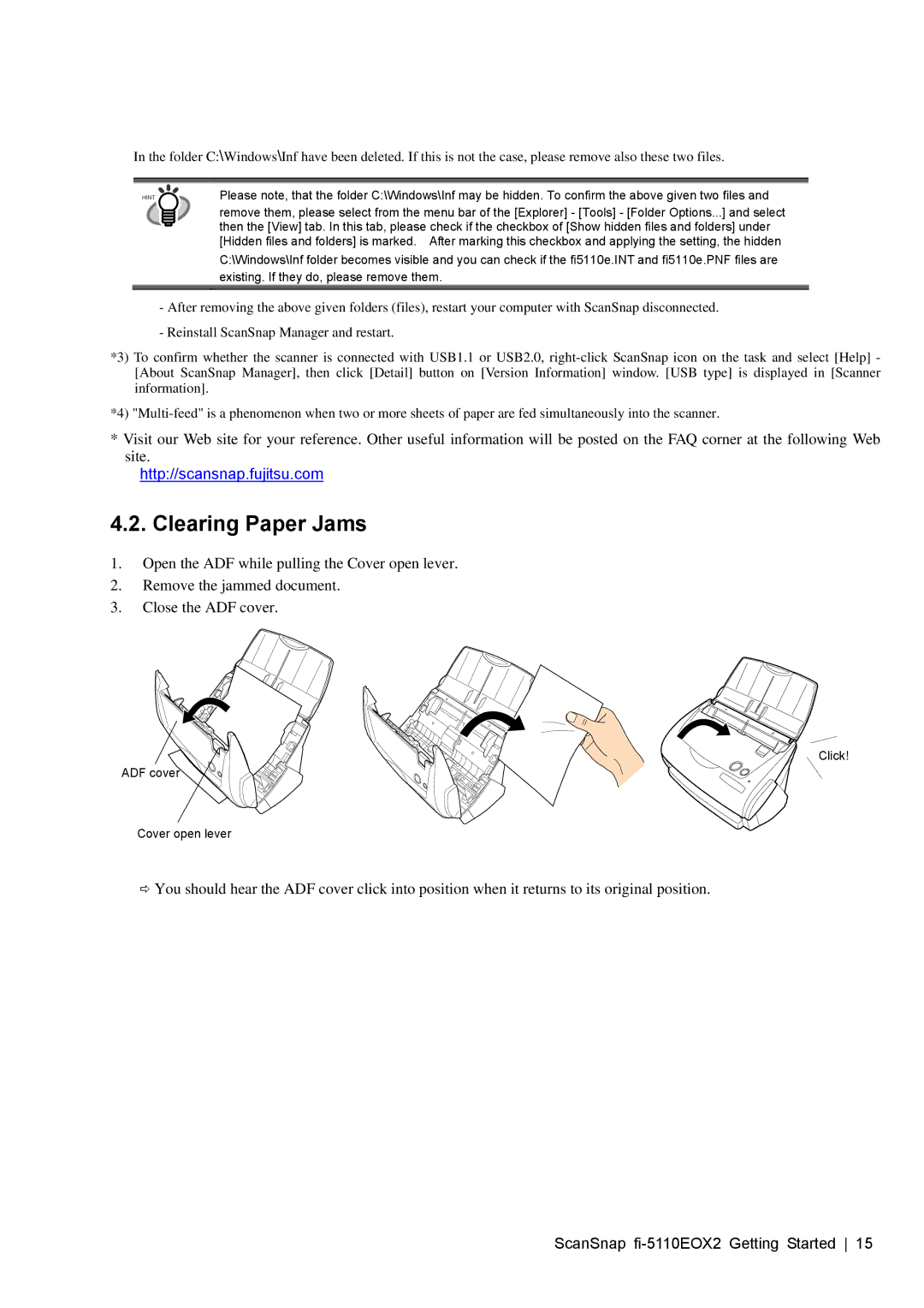 Fujitsu fi-5110EOX2 manual Clearing Paper Jams, Click ADF cover Cover open lever 