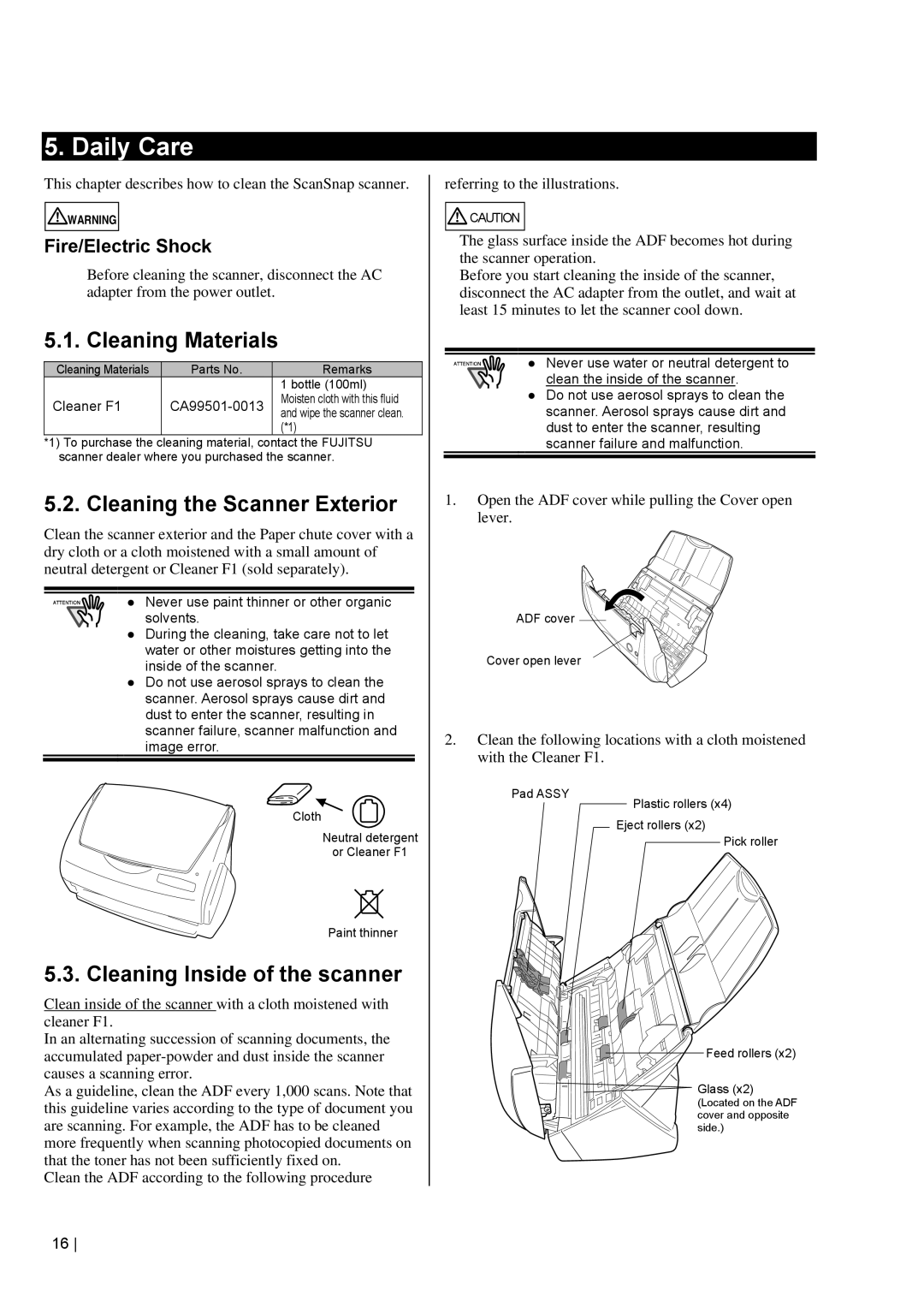 Fujitsu fi-5110EOX2 manual Daily Care, Cleaning Materials, Cleaning the Scanner Exterior, Cleaning Inside of the scanner 