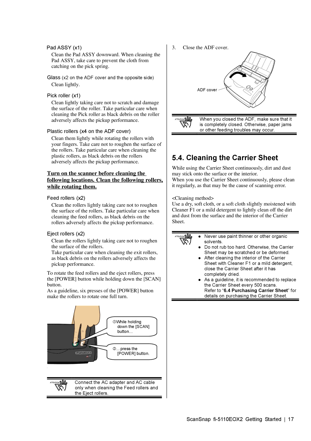 Fujitsu fi-5110EOX2 manual Cleaning the Carrier Sheet, Clean lightly, CWhile holding down the Scan button… 