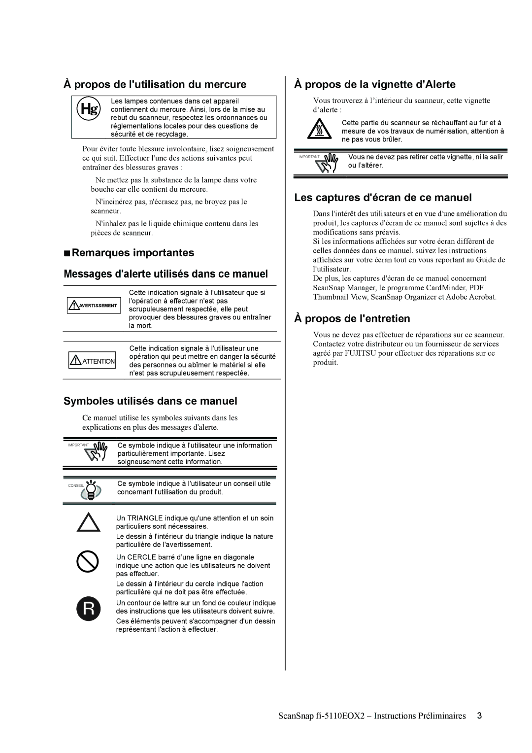 Fujitsu fi-5110EOX2 Propos de lutilisation du mercure, Symboles utilisés dans ce manuel, Propos de la vignette d’Alerte 