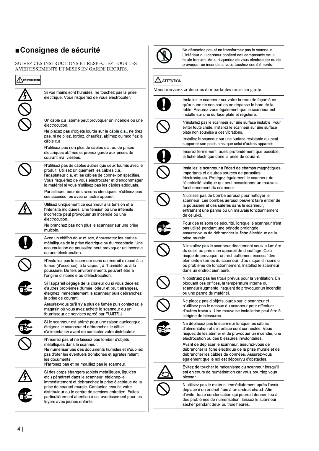 Fujitsu fi-5110EOX2 manual „ Consignes de sécurité, Vous trouverez ci-dessous dimportantes mises en garde 