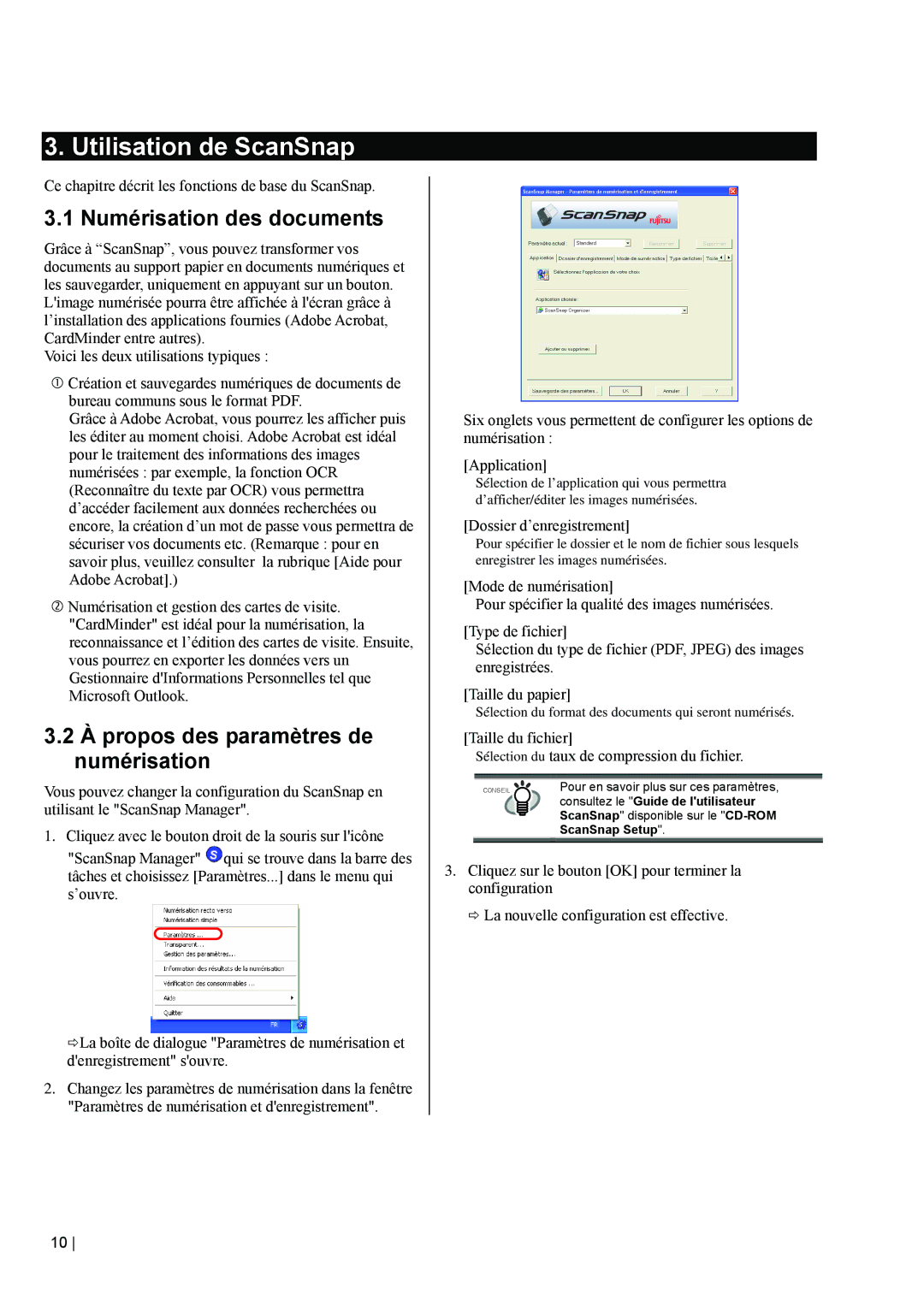 Fujitsu fi-5110EOX2 manual Utilisation de ScanSnap, Numérisation des documents, À propos des paramètres de numérisation 