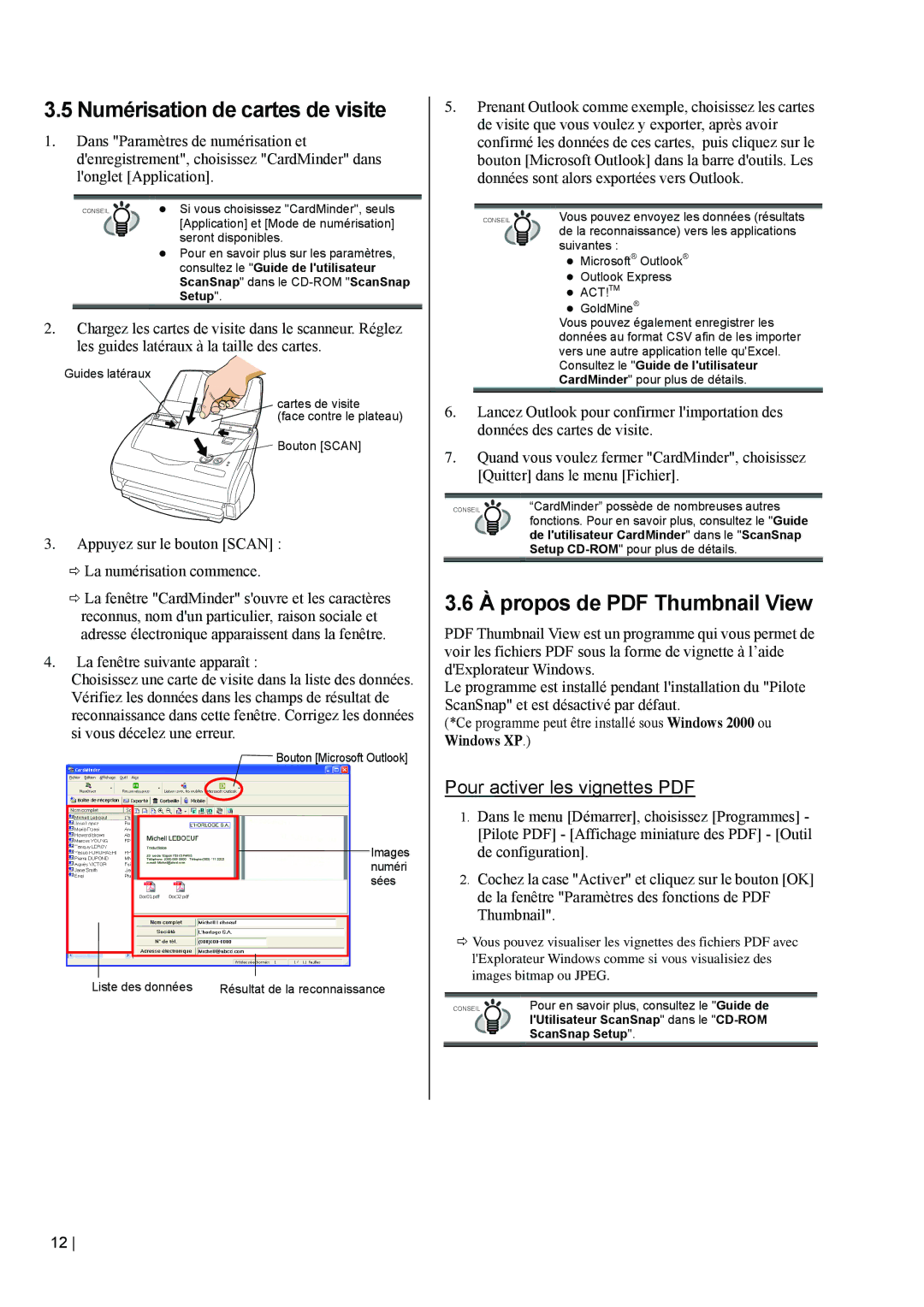 Fujitsu fi-5110EOX2 manual Numérisation de cartes de visite, De la reconnaissance vers les applications, ScanSnap Setup 