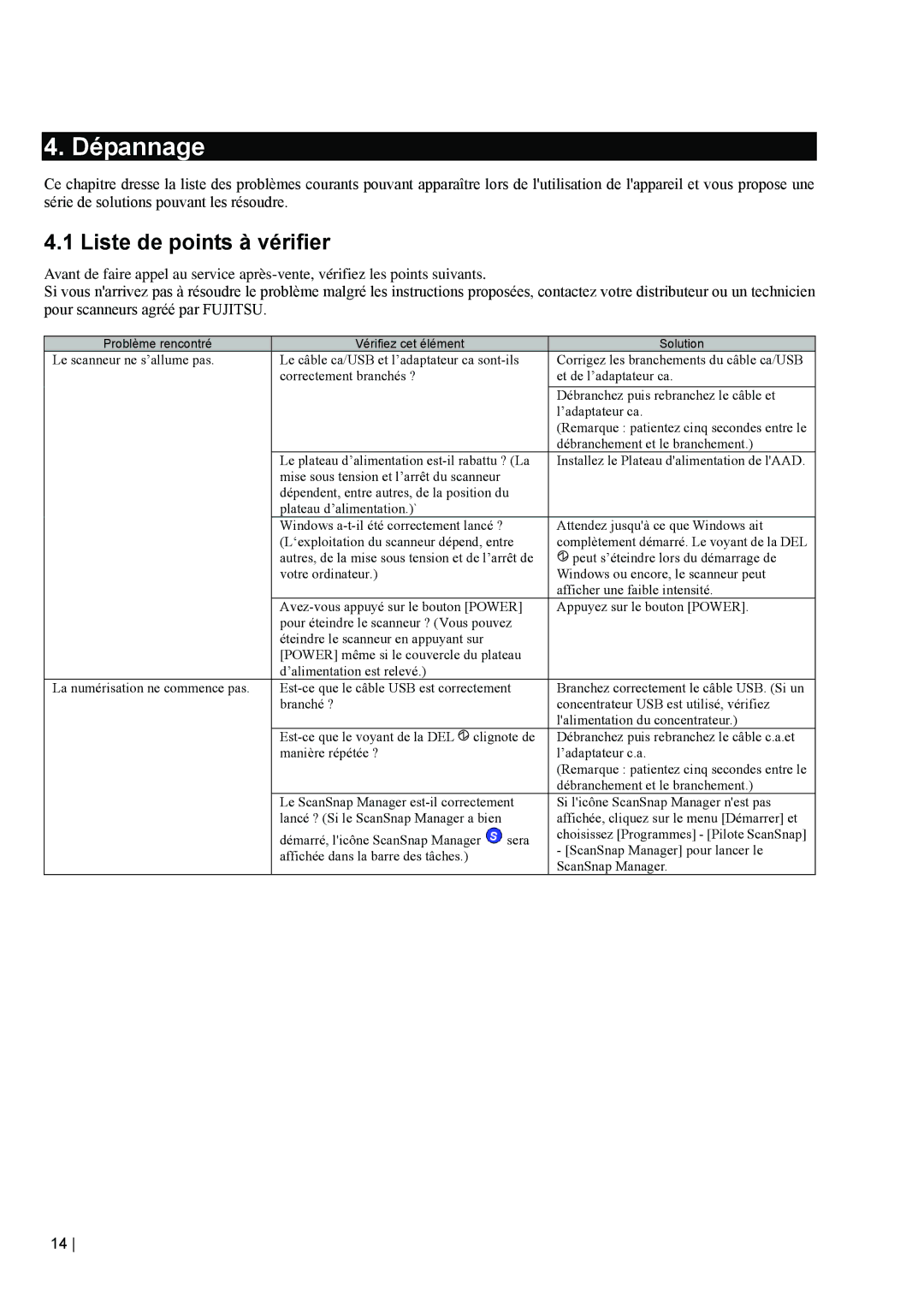 Fujitsu fi-5110EOX2 manual Dépannage, Liste de points à vérifier, Problème rencontré Vérifiez cet élément Solution 