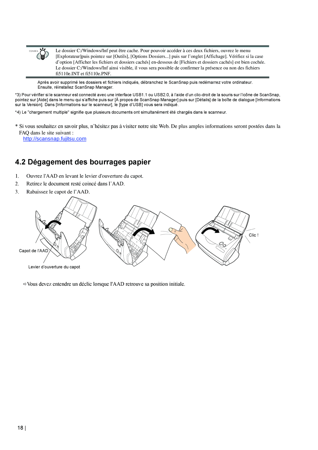 Fujitsu fi-5110EOX2 manual Dégagement des bourrages papier, Clic Capot de l’AAD Levier d’ouverture du capot 