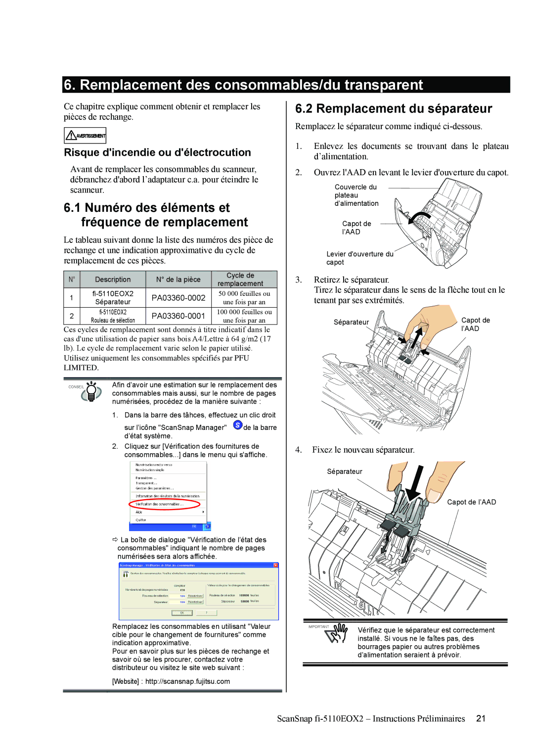 Fujitsu fi-5110EOX2 Remplacement des consommables/du transparent, Remplacement du séparateur, Fixez le nouveau séparateur 