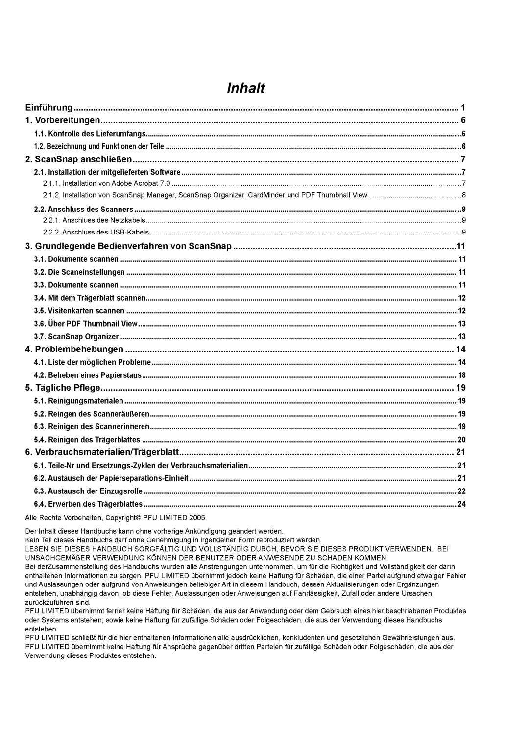 Fujitsu fi-5110EOX2 manual Inhalt, Alle Rechte Vorbehalten, Copyright PFU Limited 