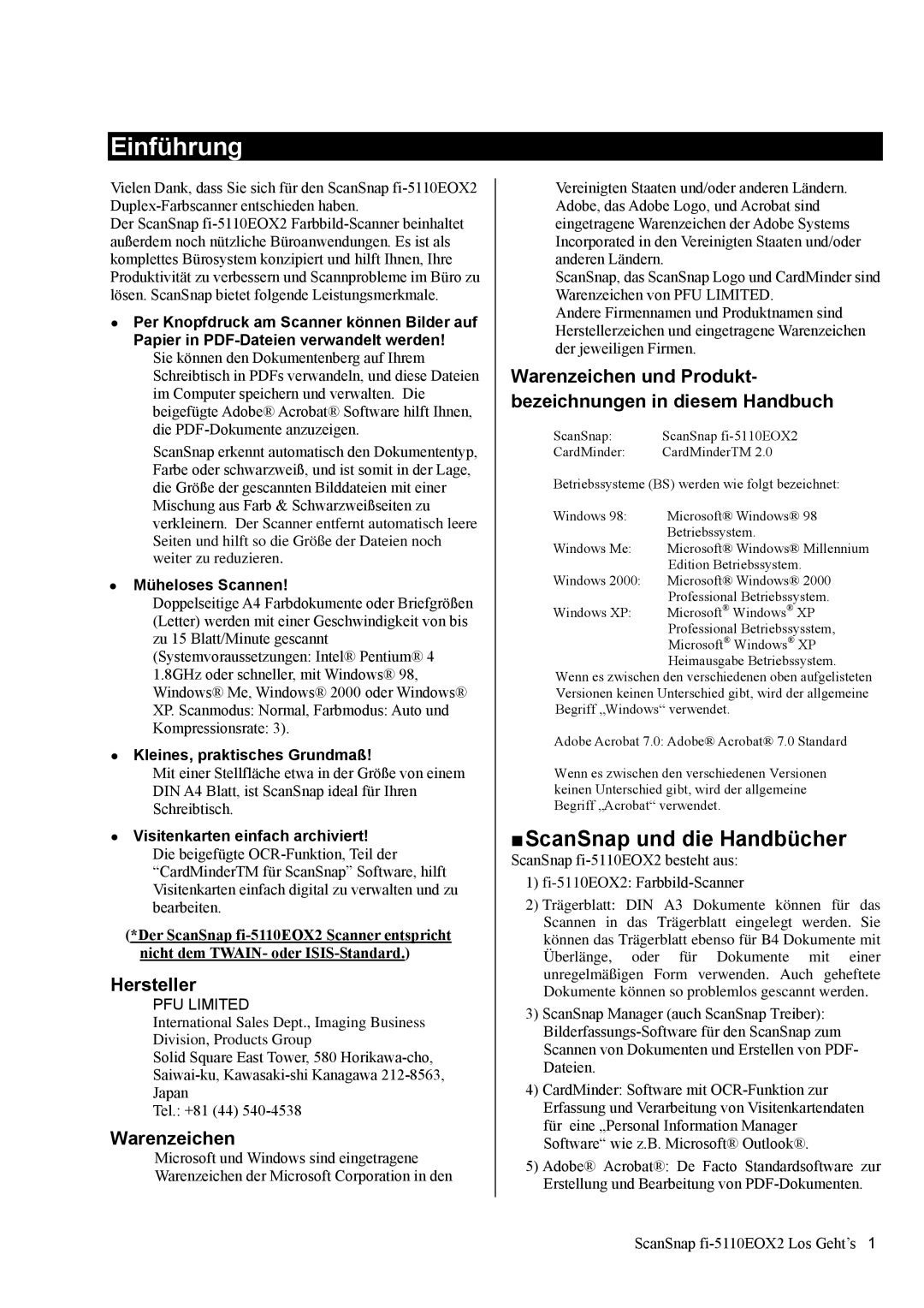 Fujitsu fi-5110EOX2 manual Einführung, „ ScanSnap und die Handbücher, Hersteller, Warenzeichen 