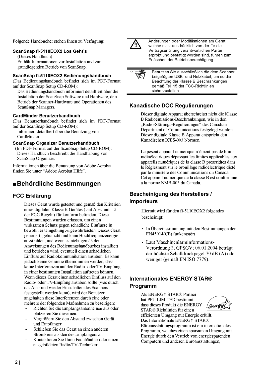 Fujitsu fi-5110EOX2 manual „ Behördliche Bestimmungen, FCC Erklärung, Kanadische DOC Regulierungen 