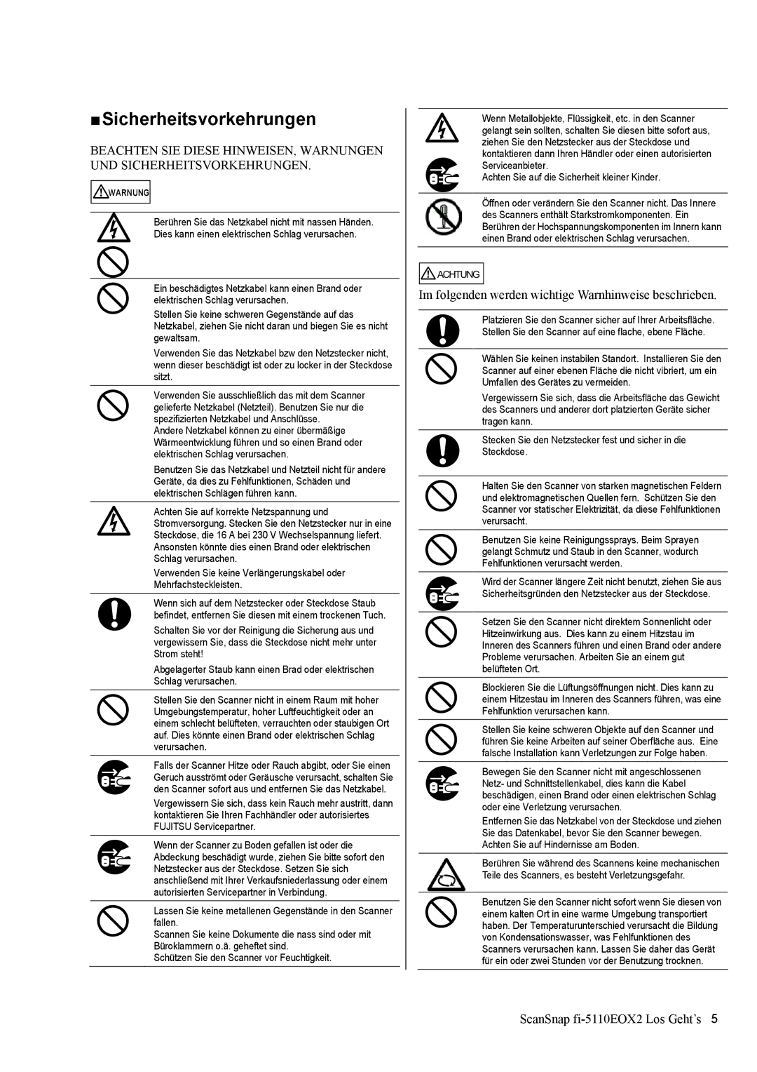 Fujitsu fi-5110EOX2 manual „ Sicherheitsvorkehrungen, Im folgenden werden wichtige Warnhinweise beschrieben 