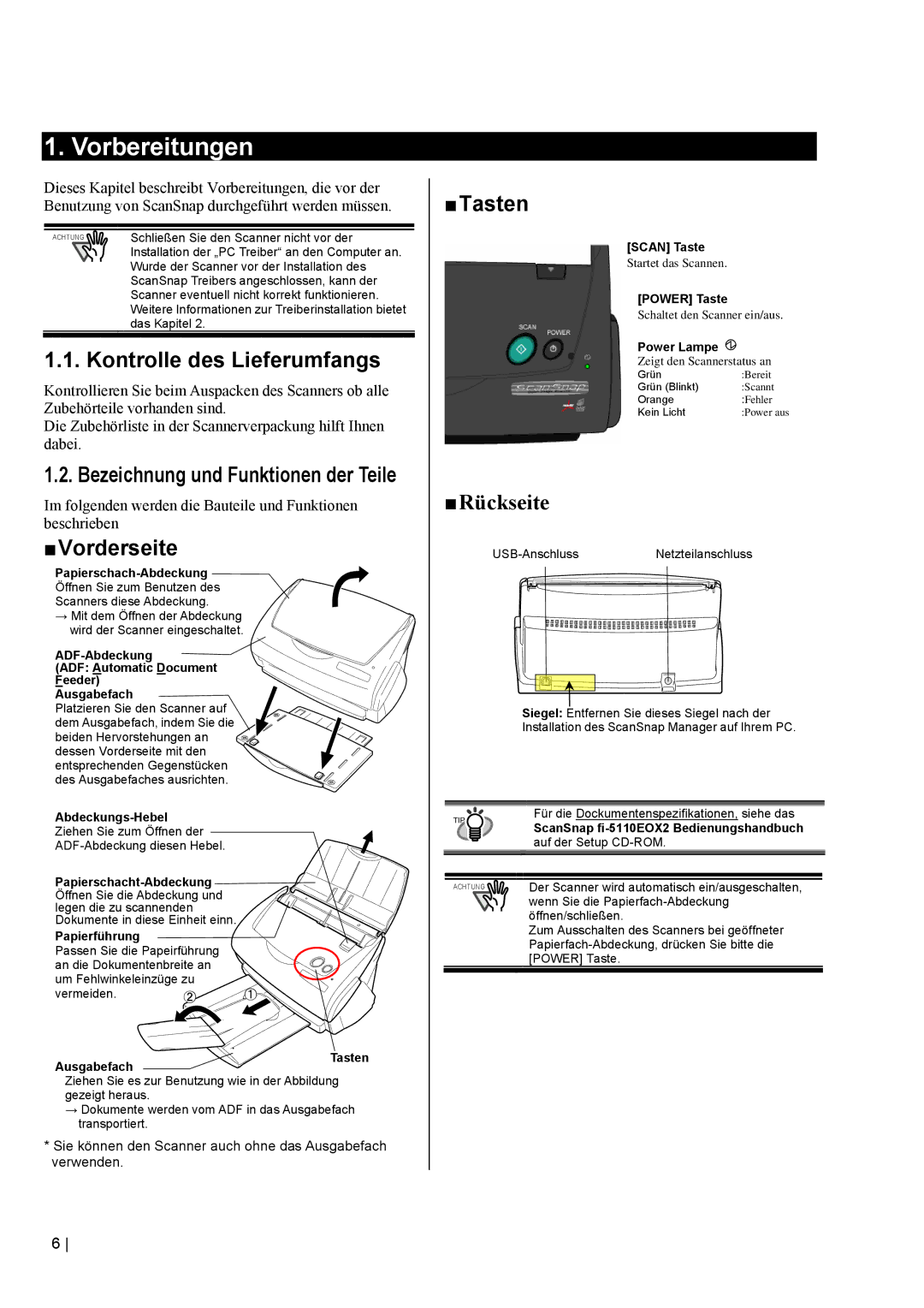 Fujitsu fi-5110EOX2 manual Vorbereitungen, Kontrolle des Lieferumfangs, „ Vorderseite, „ Tasten 