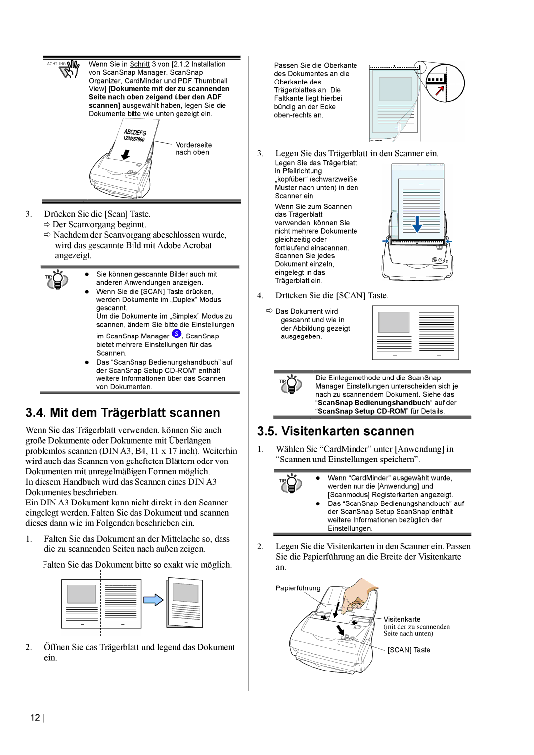 Fujitsu fi-5110EOX2 manual Mit dem Trägerblatt scannen, Visitenkarten scannen, Legen Sie das Trägerblatt in den Scanner ein 