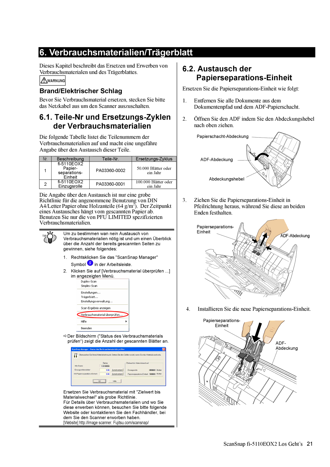 Fujitsu fi-5110EOX2 manual Verbrauchsmaterialien/Trägerblatt, Installieren Sie die neue Papierseparations-Einheit 