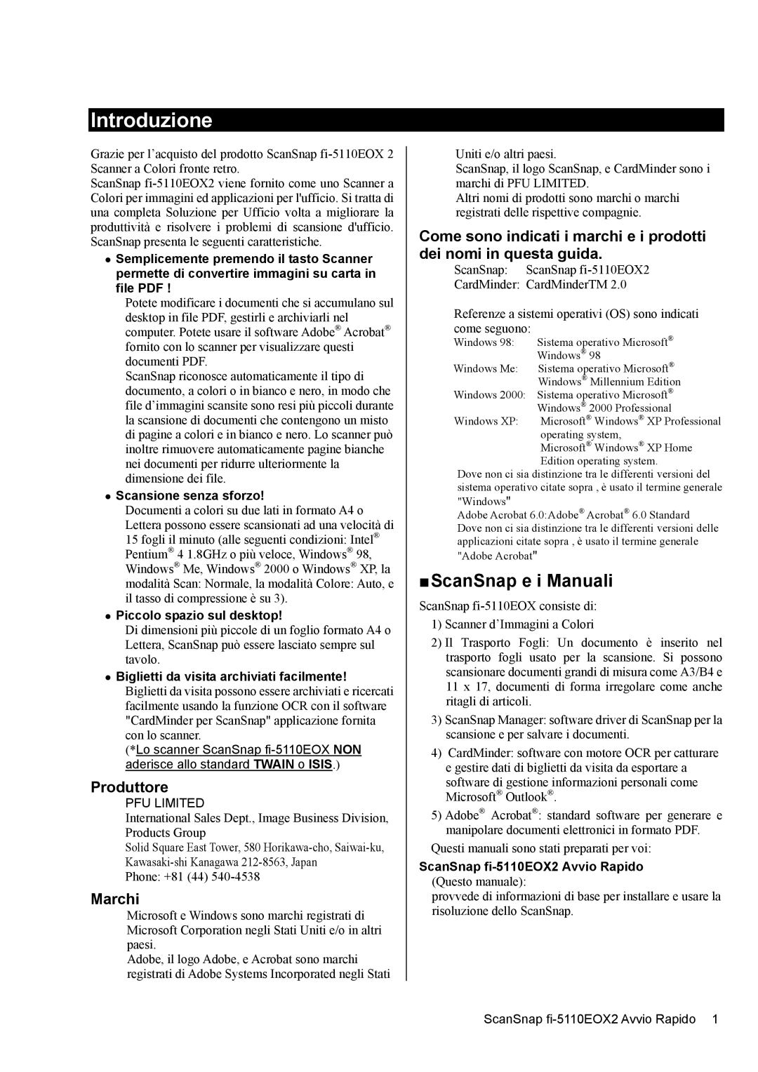 Fujitsu fi-5110EOX2 manual Introduzione, „ ScanSnap e i Manuali, Produttore, Marchi 