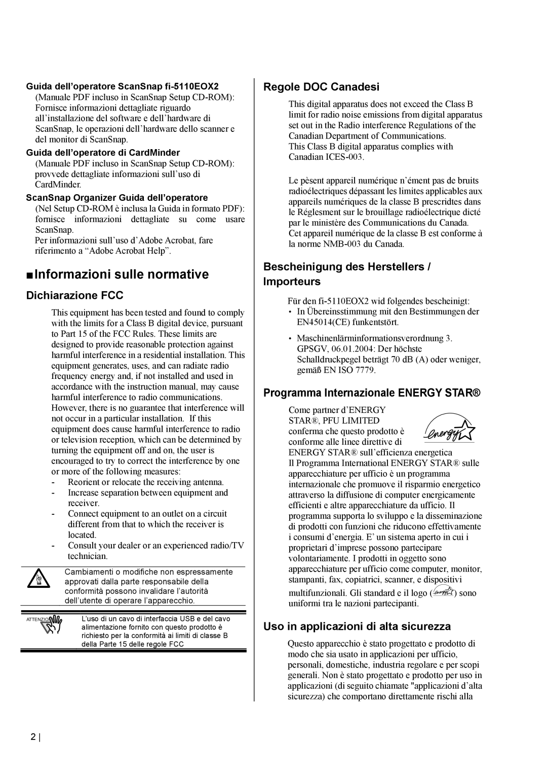 Fujitsu fi-5110EOX2 manual „ Informazioni sulle normative, Dichiarazione FCC, Regole DOC Canadesi 