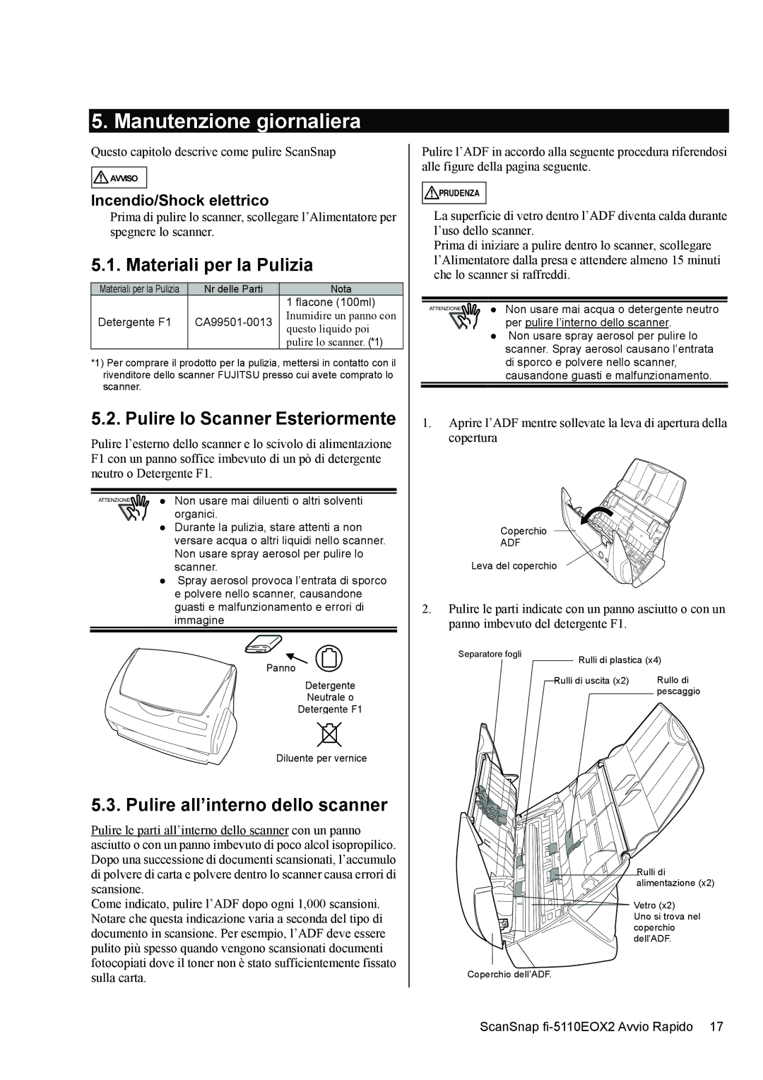 Fujitsu fi-5110EOX2 manual Manutenzione giornaliera, Materiali per la Pulizia, Pulire lo Scanner Esteriormente 