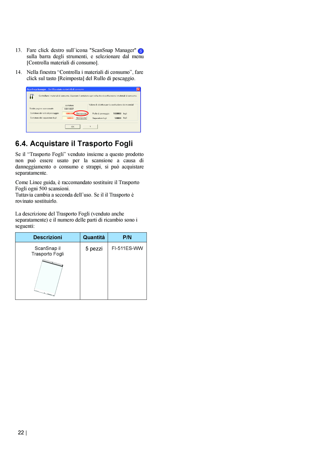 Fujitsu fi-5110EOX2 manual Acquistare il Trasporto Fogli, Descrizioni, Quantità, pezzi, ScanSnap il 
