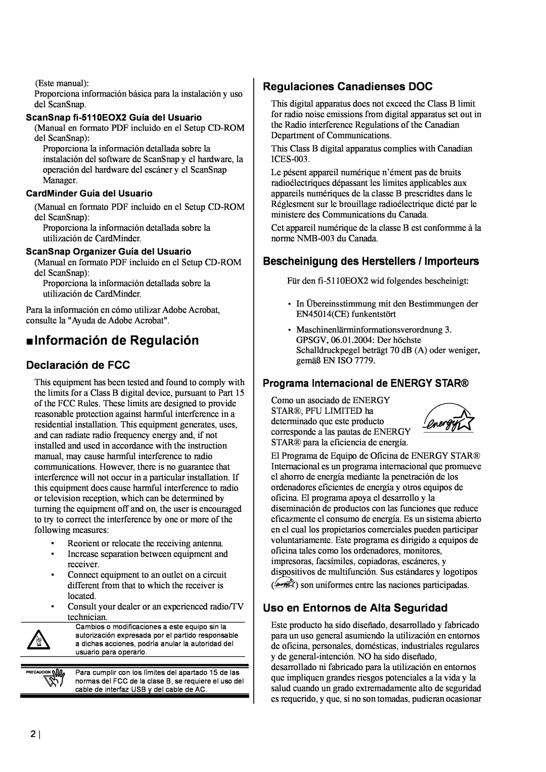Fujitsu fi-5110EOX2 manual „ Información de Regulación, Declaración de FCC, Regulaciones Canadienses DOC 