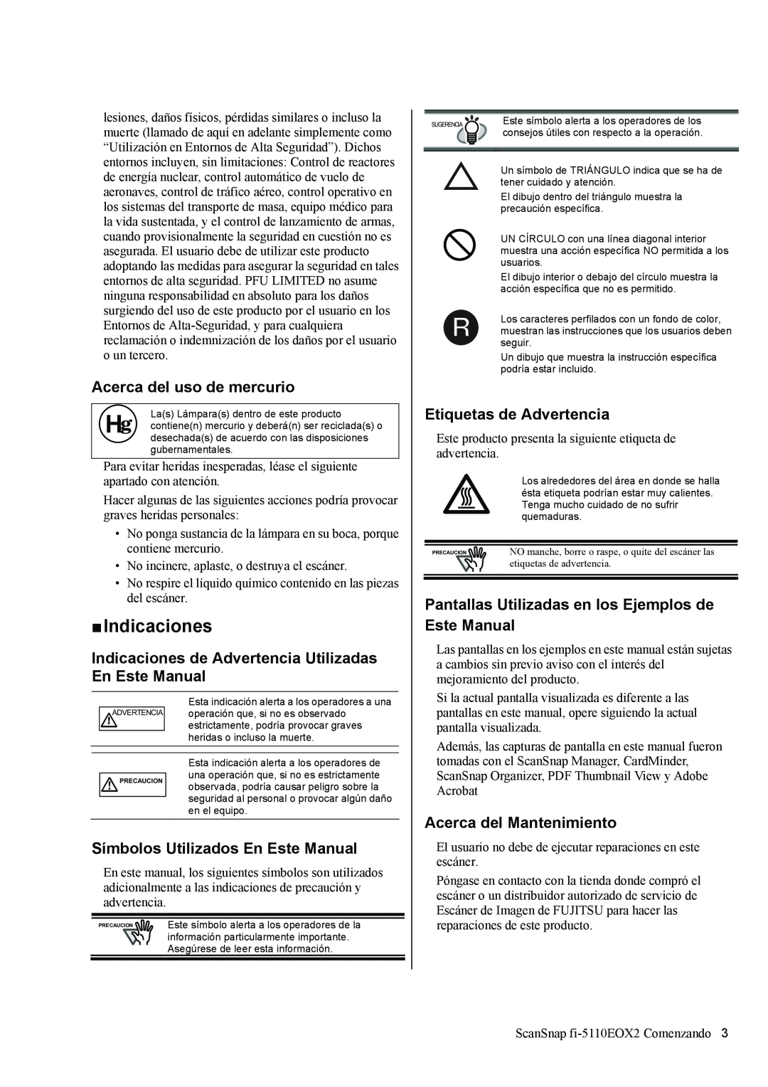 Fujitsu fi-5110EOX2 „ Indicaciones, Acerca del uso de mercurio, Indicaciones de Advertencia Utilizadas En Este Manual 