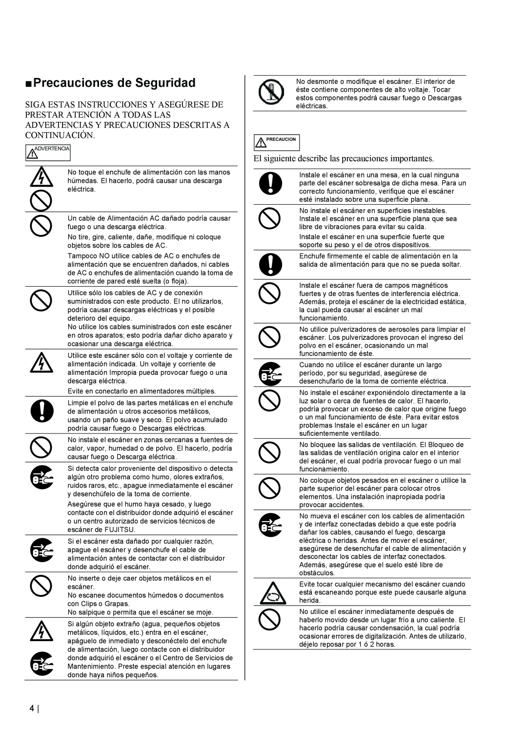 Fujitsu fi-5110EOX2 manual „ Precauciones de Seguridad, El siguiente describe las precauciones importantes 