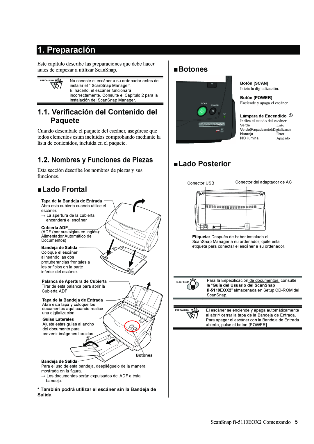 Fujitsu fi-5110EOX2 Preparación, Verificación del Contenido del Paquete, Nombres y Funciones de Piezas, „ Lado Frontal 
