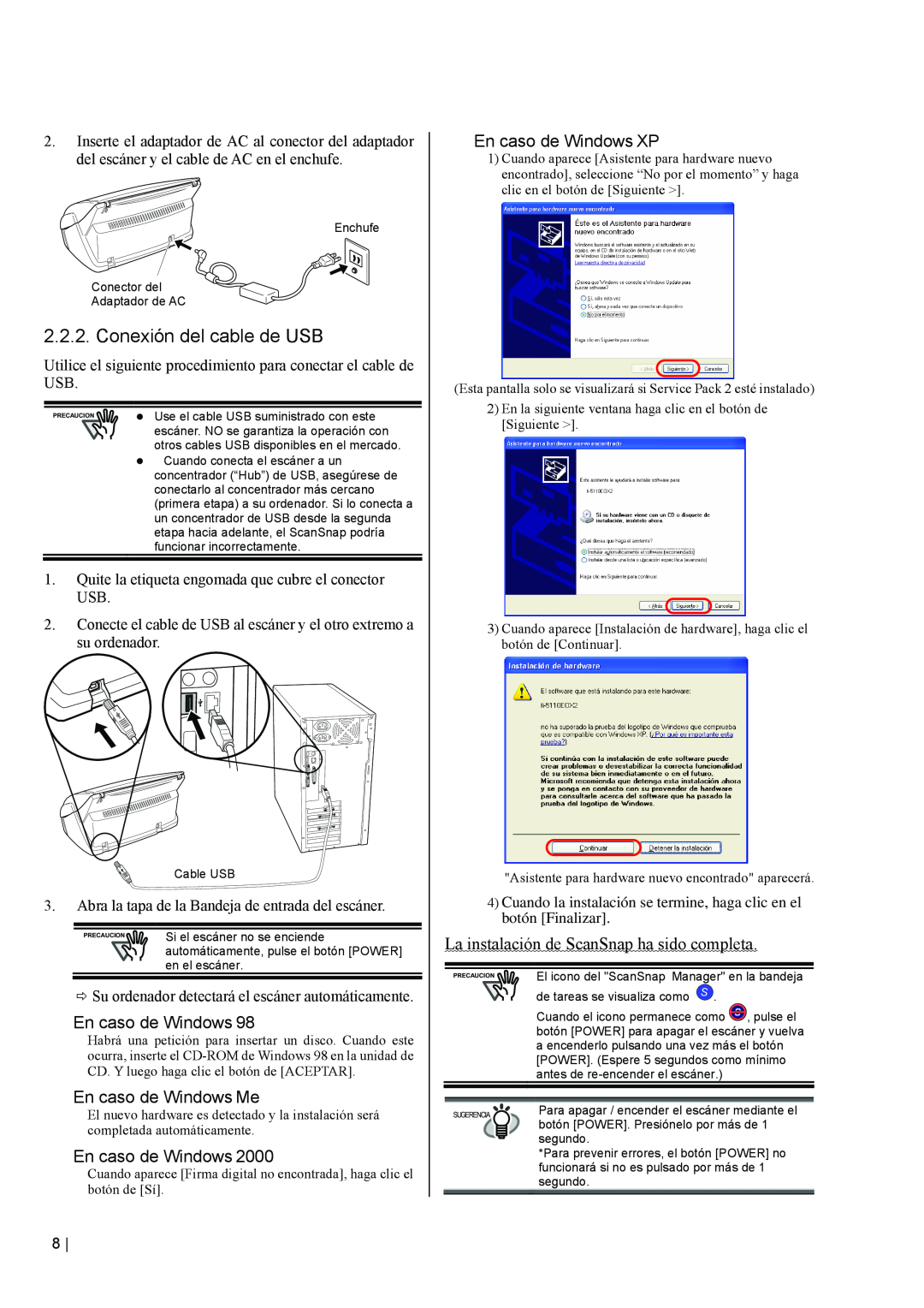 Fujitsu fi-5110EOX2 manual Conexión del cable de USB, En caso de Windows Me, En caso de Windows XP 