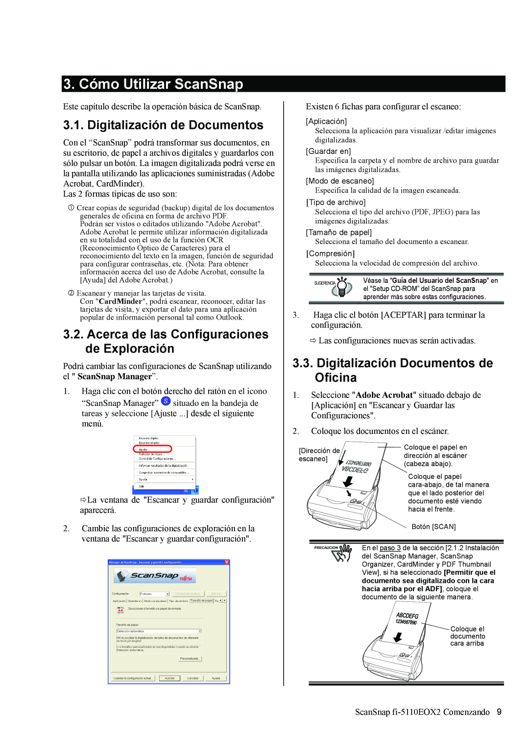 Fujitsu fi-5110EOX2 manual 3. Cómo Utilizar ScanSnap, Digitalización de Documentos, Digitalización Documentos de Oficina 