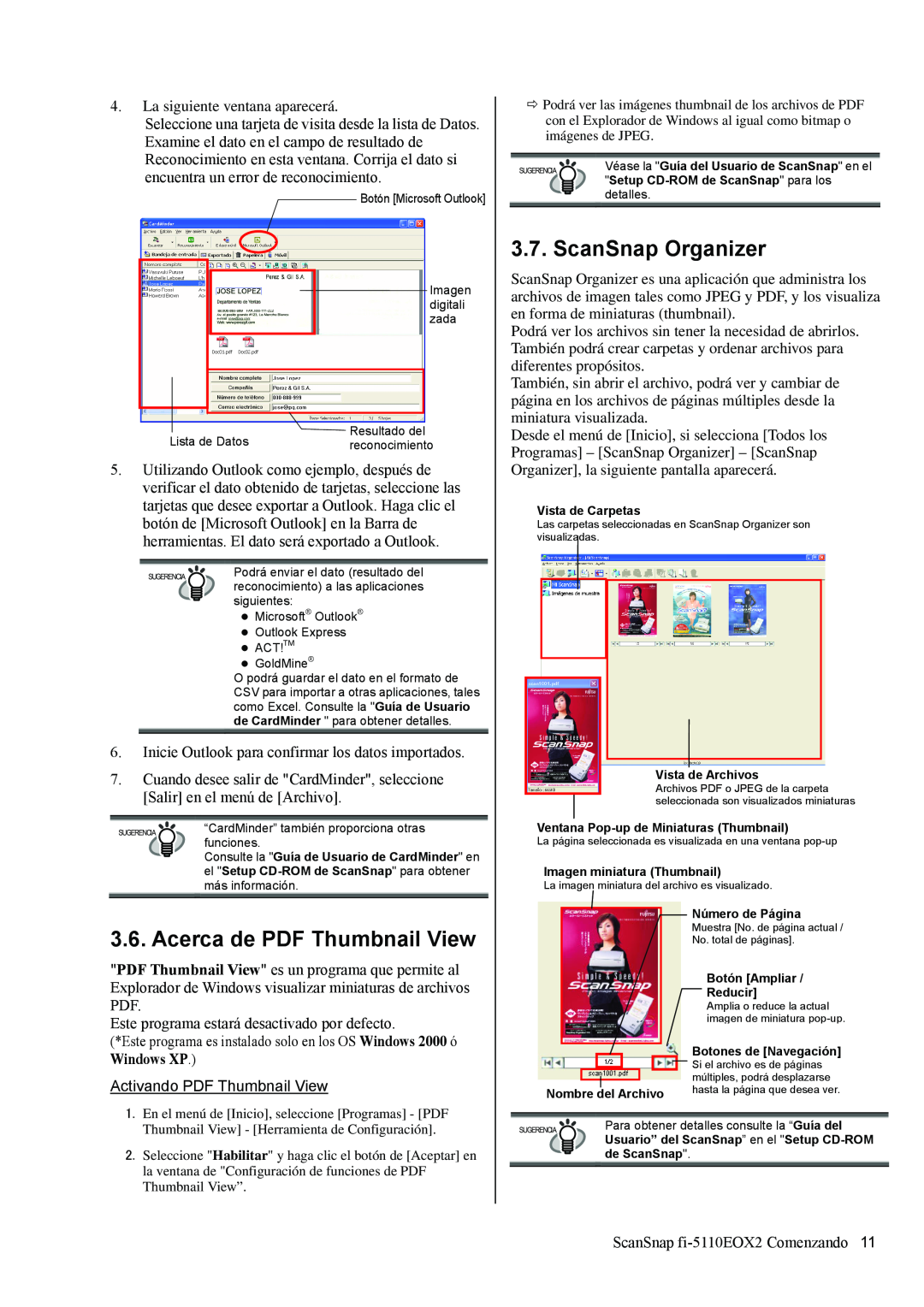 Fujitsu fi-5110EOX2 manual Acerca de PDF Thumbnail View, Activando PDF Thumbnail View, ScanSnap Organizer 